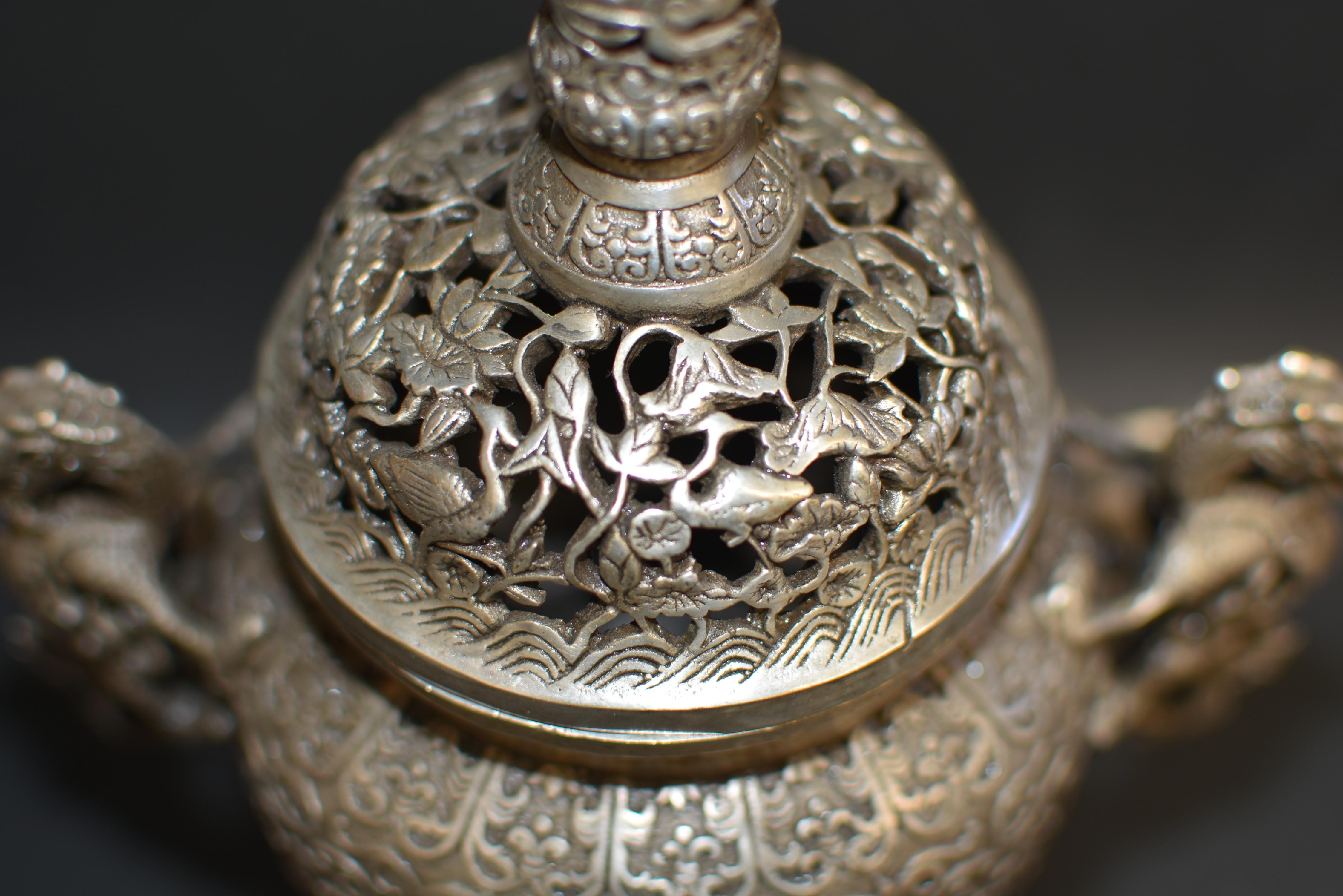 Silver Bronze Censer with Dragons and Egrets In Good Condition In Somis, CA