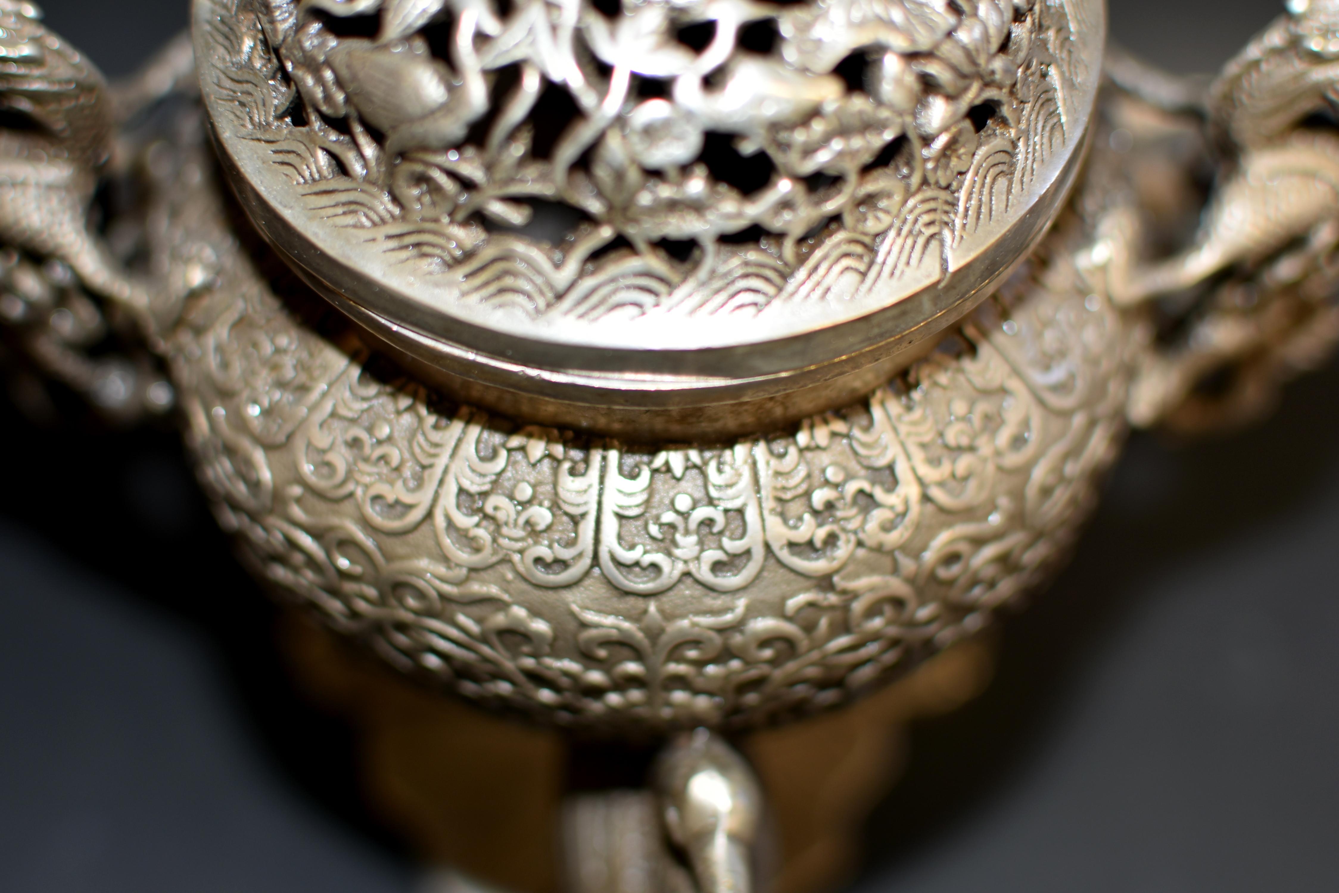 20th Century Silver Bronze Censer with Dragons and Egrets