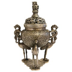 Silver Bronze Censer with Dragons and Egrets