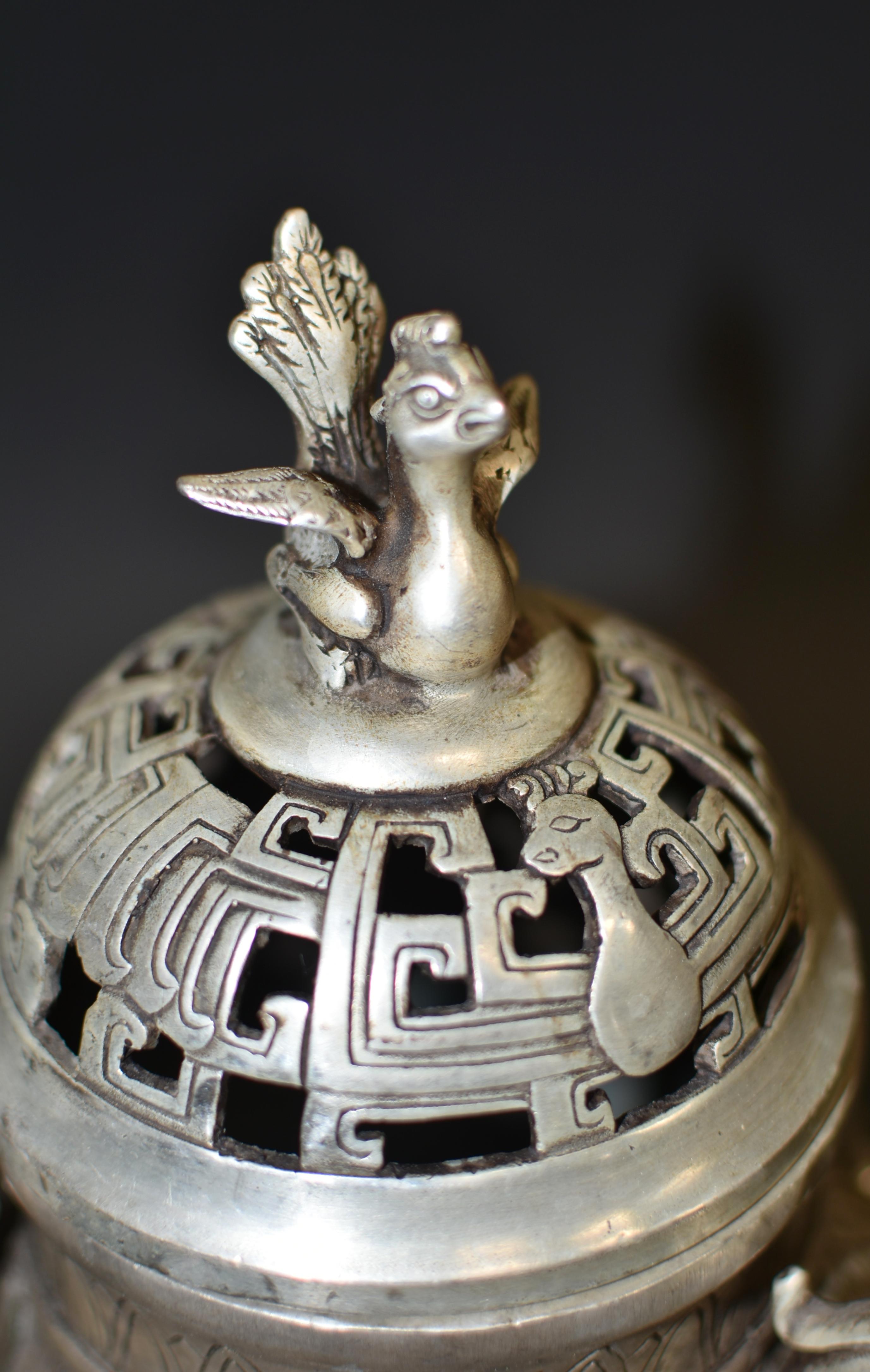 Silver Bronze Censer with Pheasants Incense Burner For Sale 4