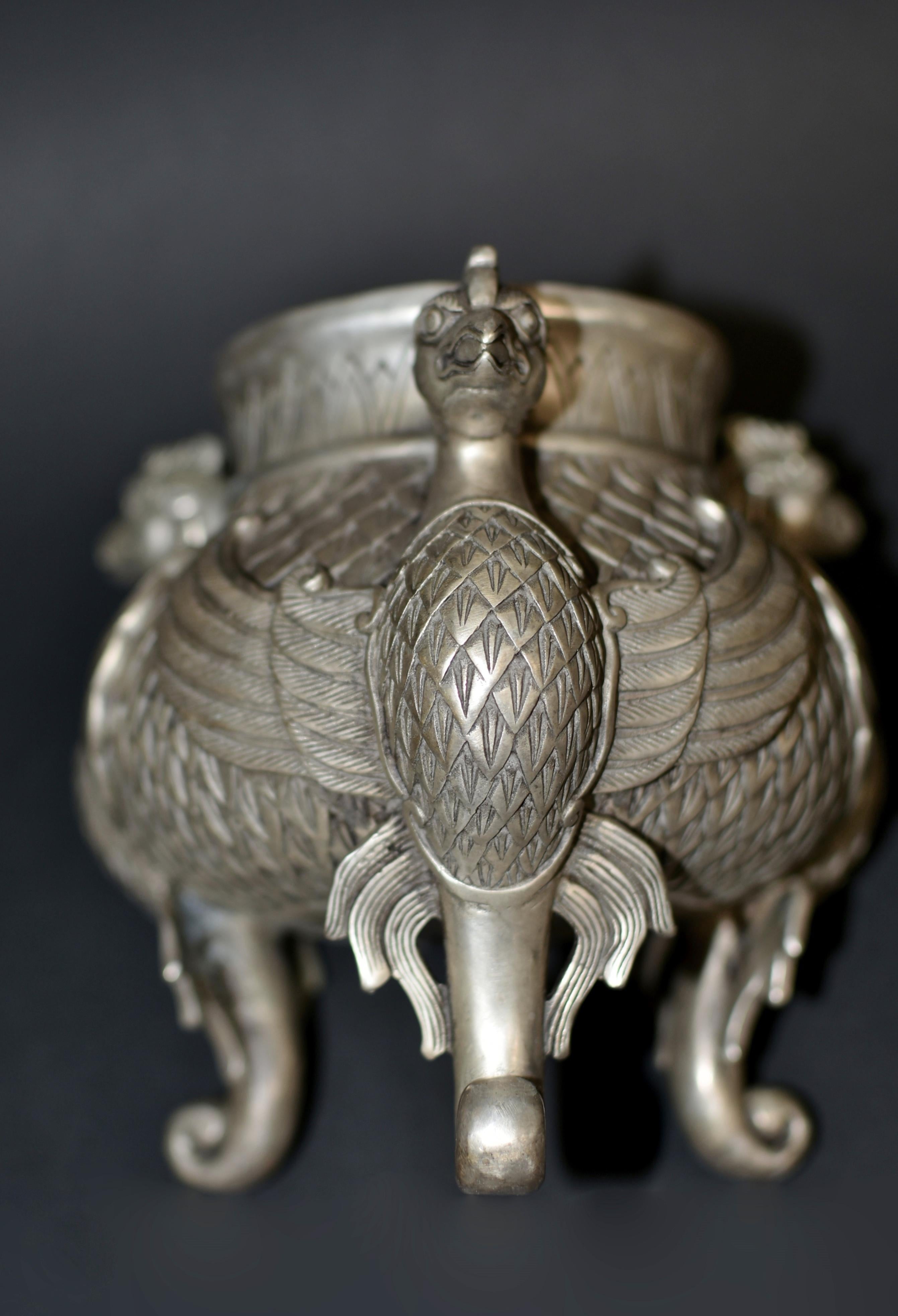 Silver Bronze Censer with Pheasants Incense Burner For Sale 5
