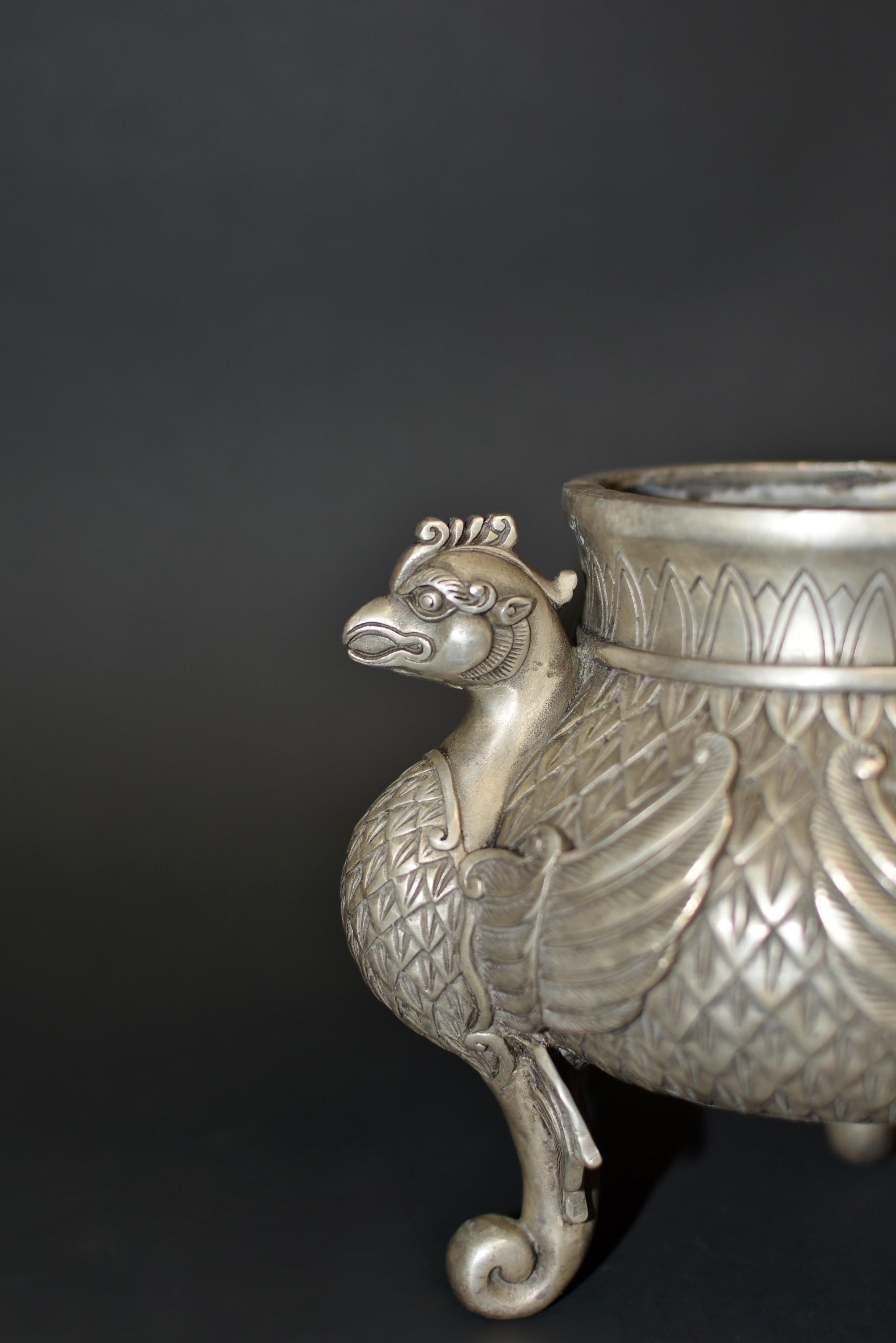 Silver Bronze Censer with Pheasants Incense Burner For Sale 9
