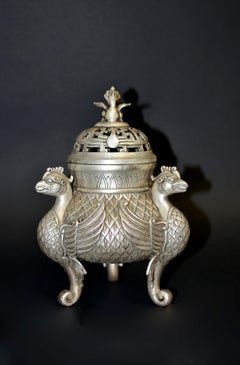 Silver Bronze Censer with Pheasants Incense Burner