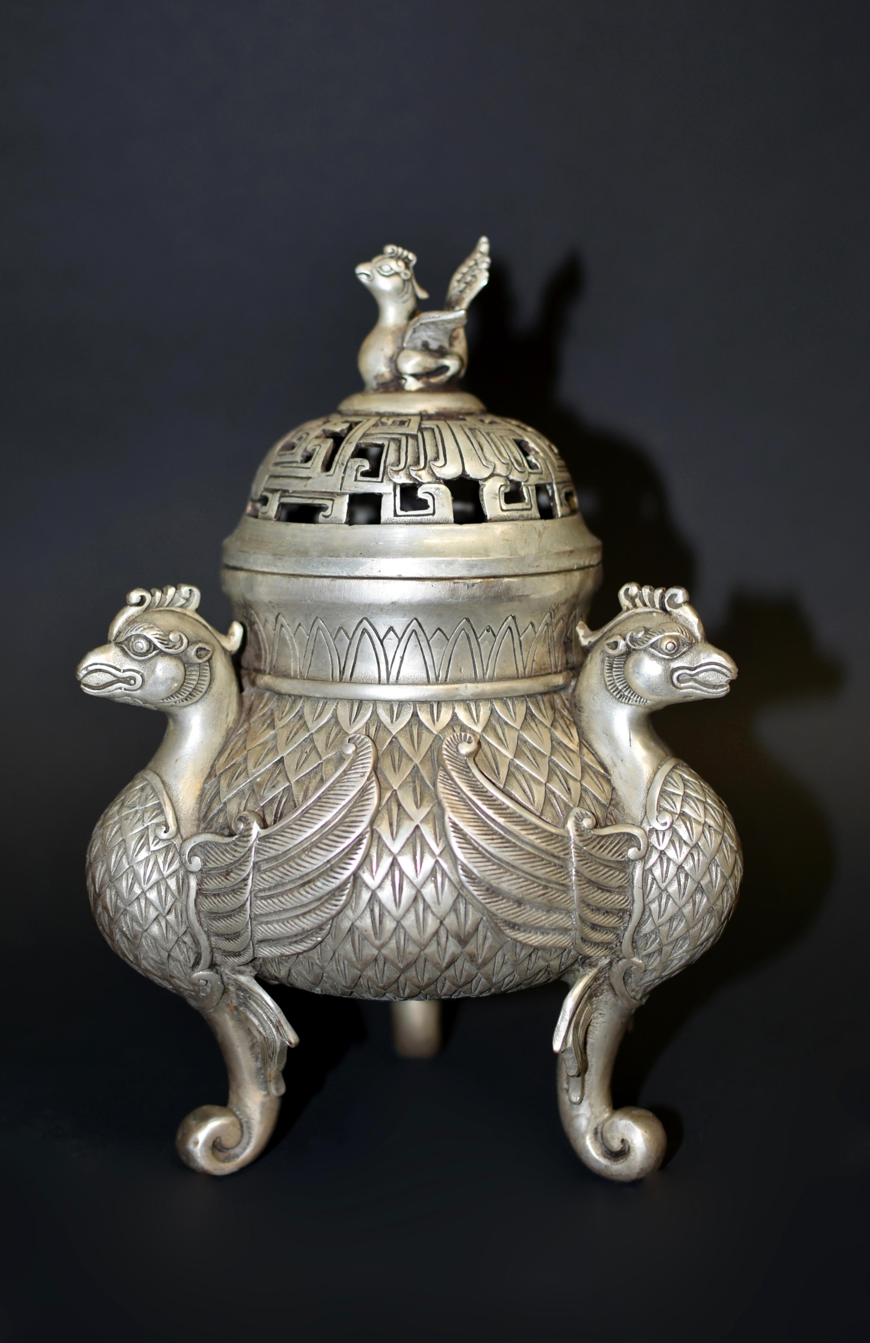 Qing Silver Bronze Censer with Pheasants Incense Burner For Sale