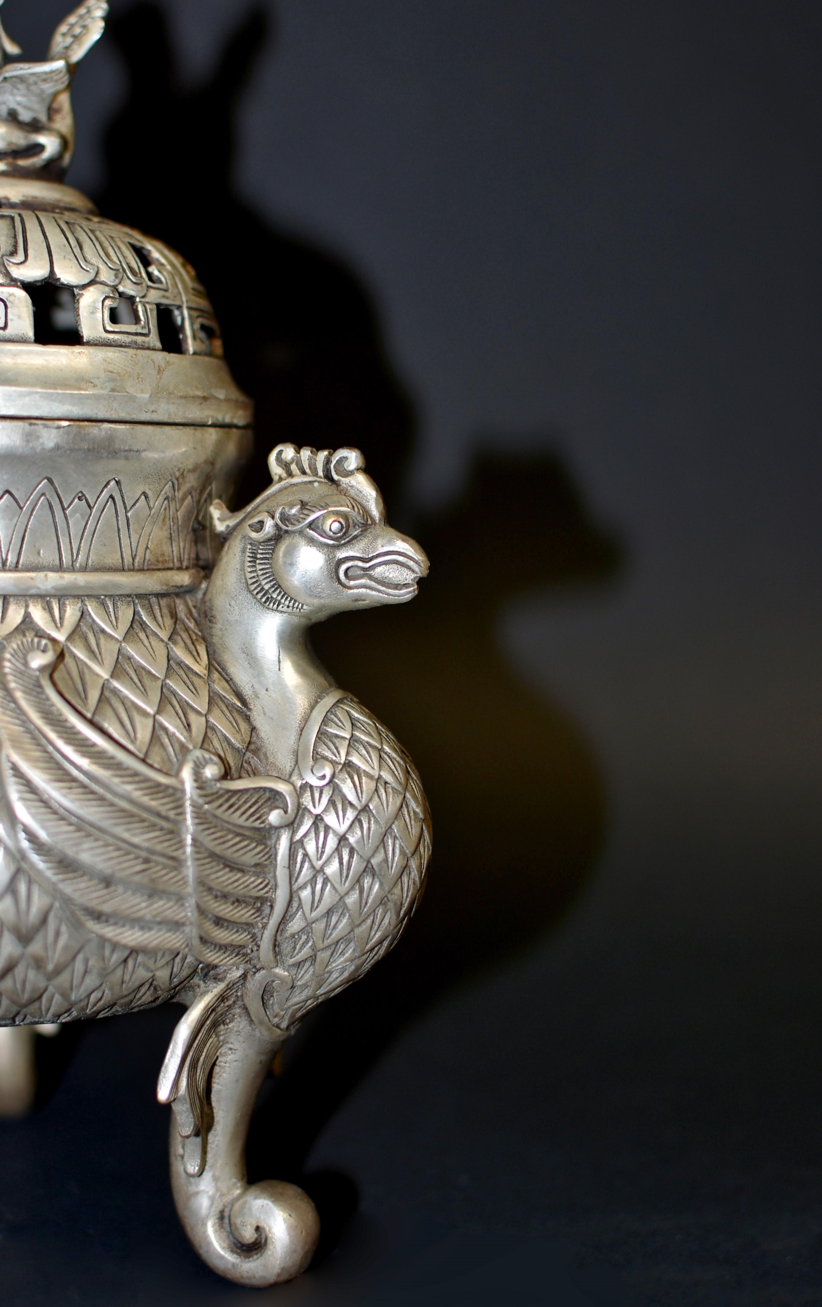 Argenté Encensoir en bronze argenté avec brûleur d'encens de faisans en vente