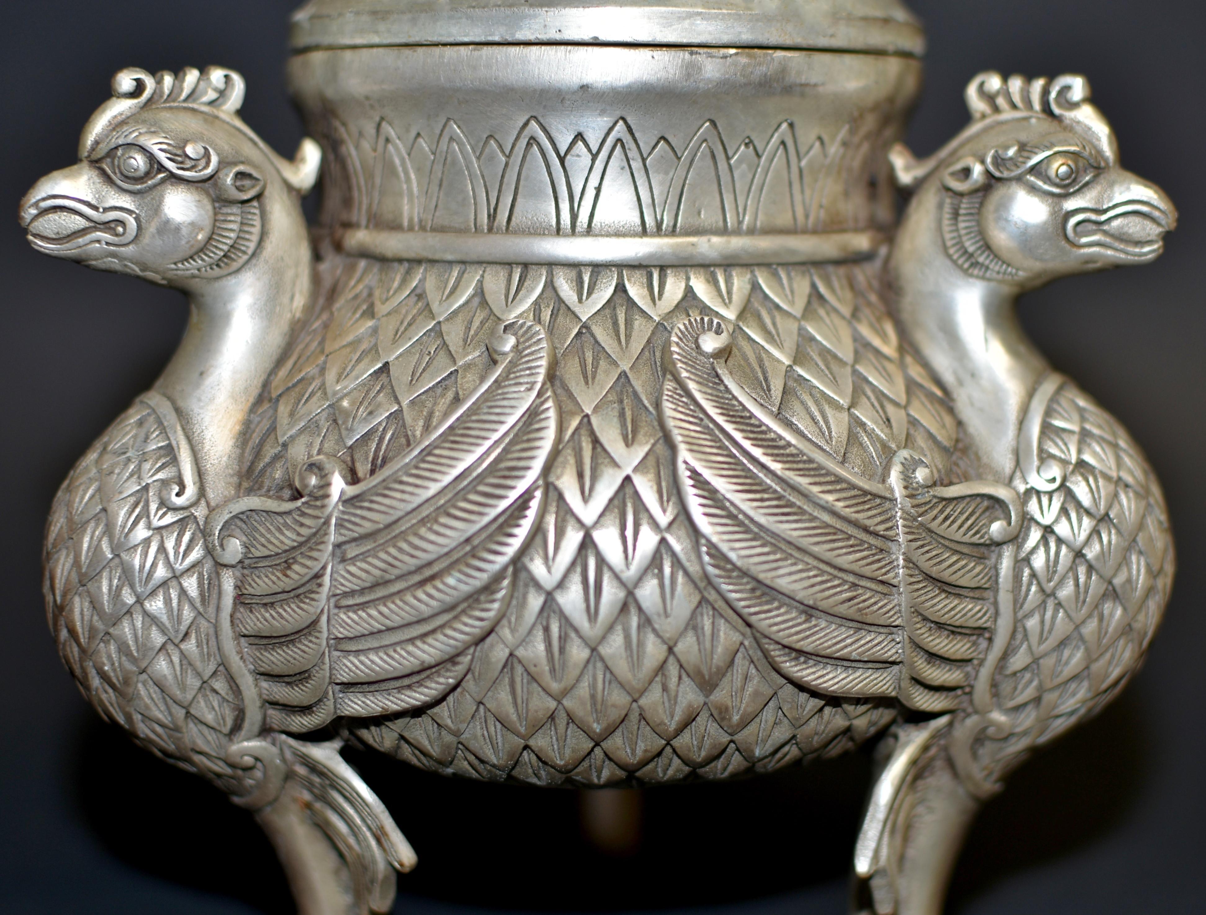 Silver Bronze Censer with Pheasants Incense Burner In Good Condition For Sale In Somis, CA