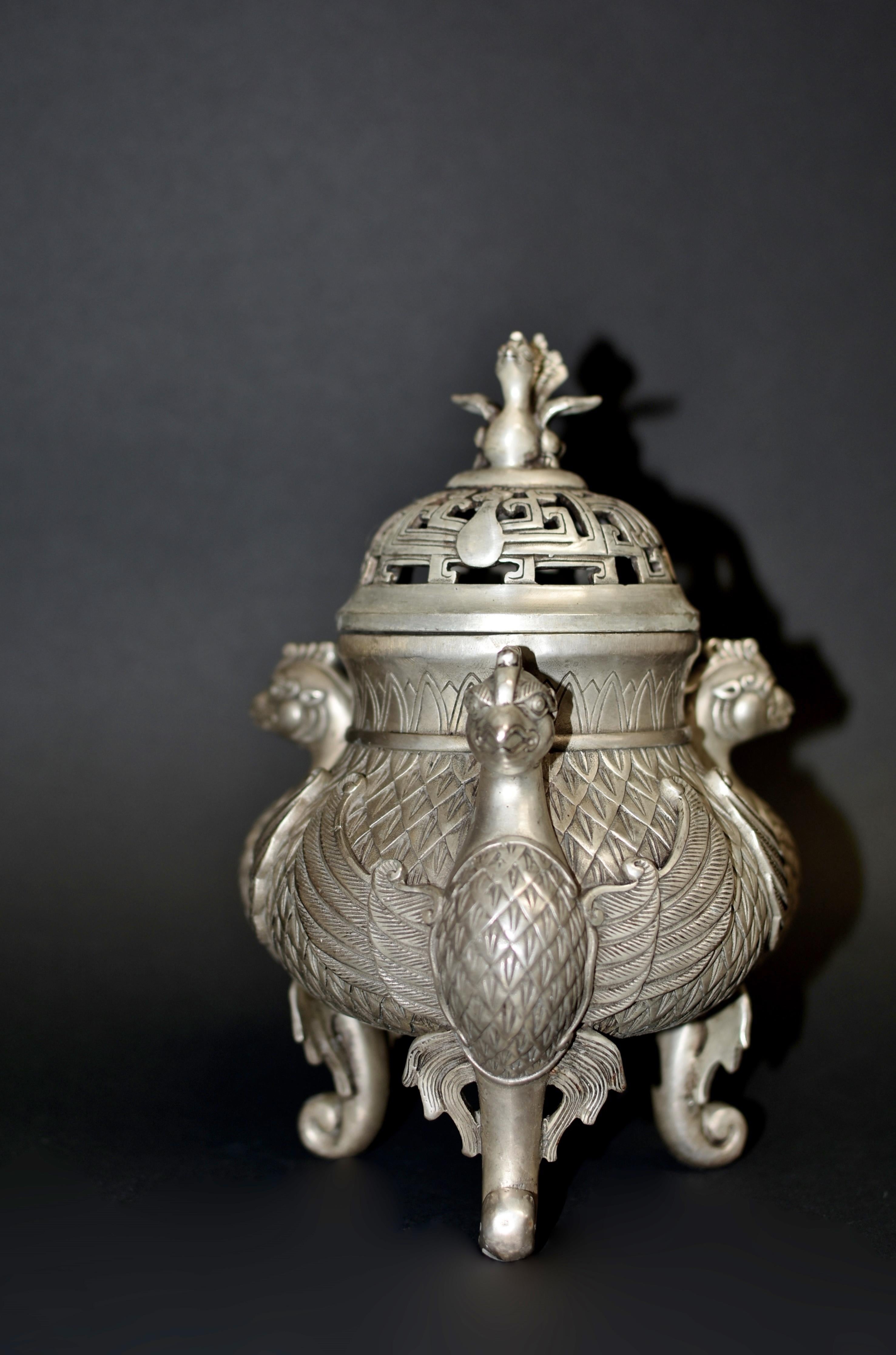 20th Century Silver Bronze Censer with Pheasants Incense Burner For Sale