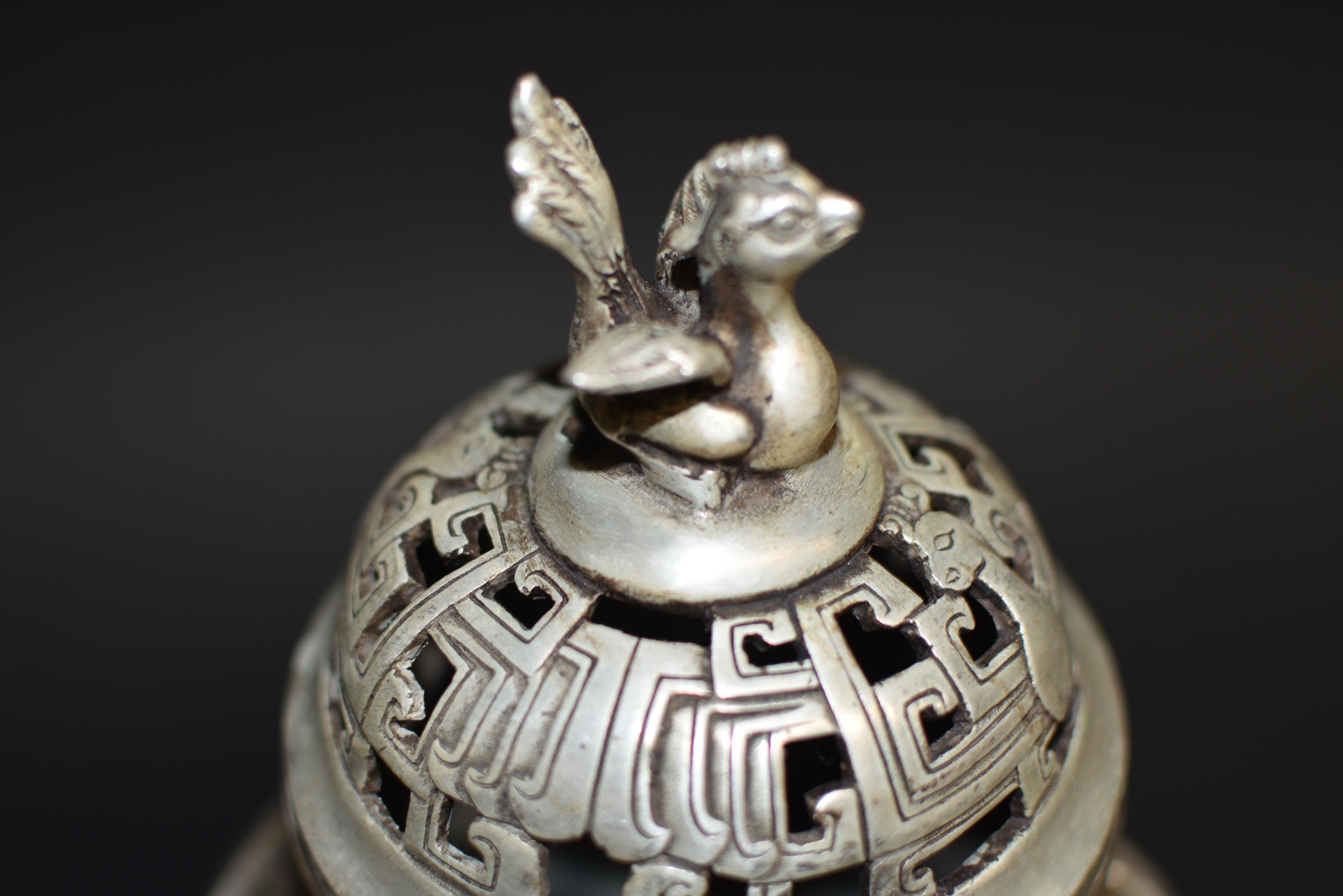 Silver Bronze Censer with Pheasants Incense Burner For Sale 1