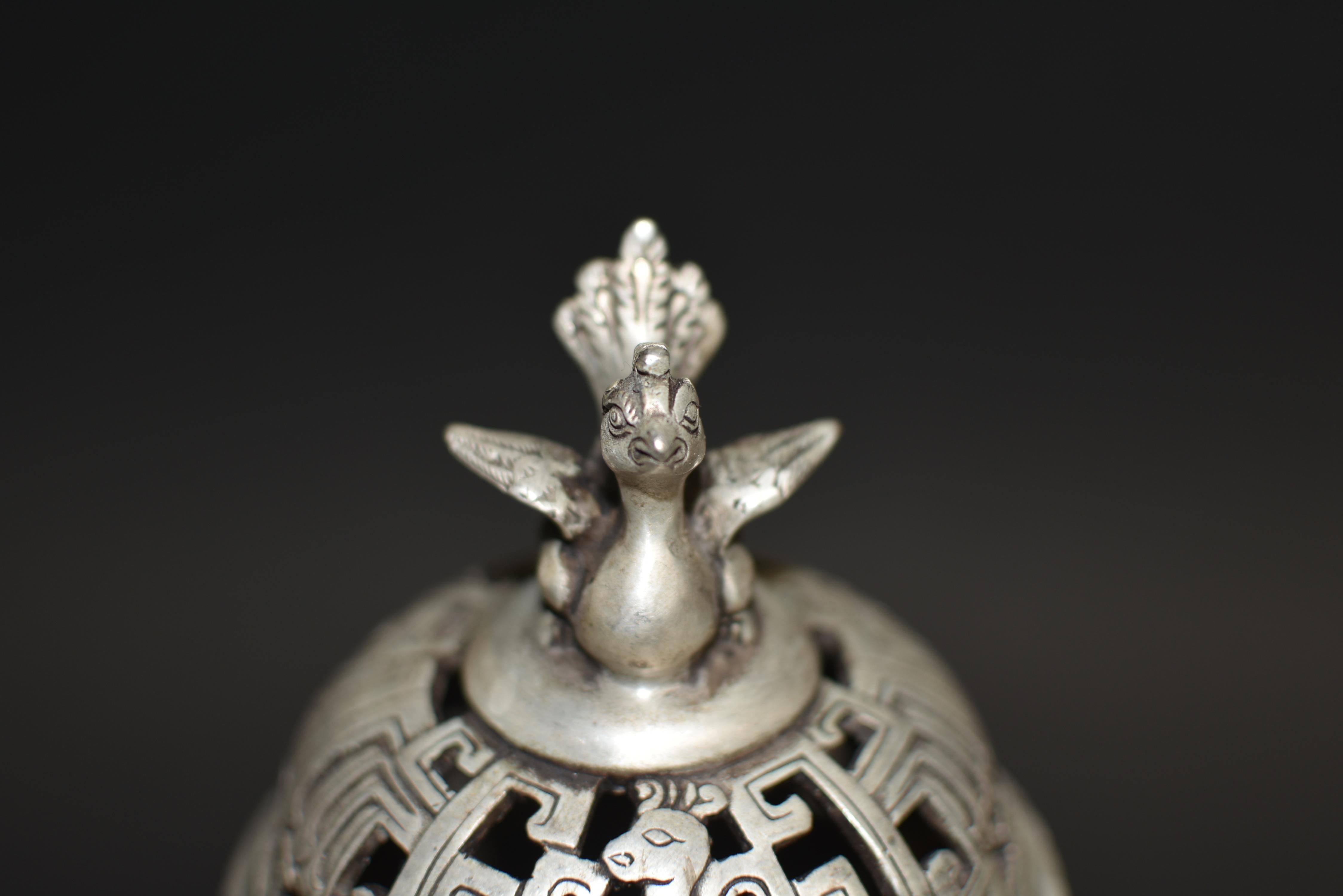 Encensoir en bronze argenté avec brûleur d'encens de faisans en vente 1