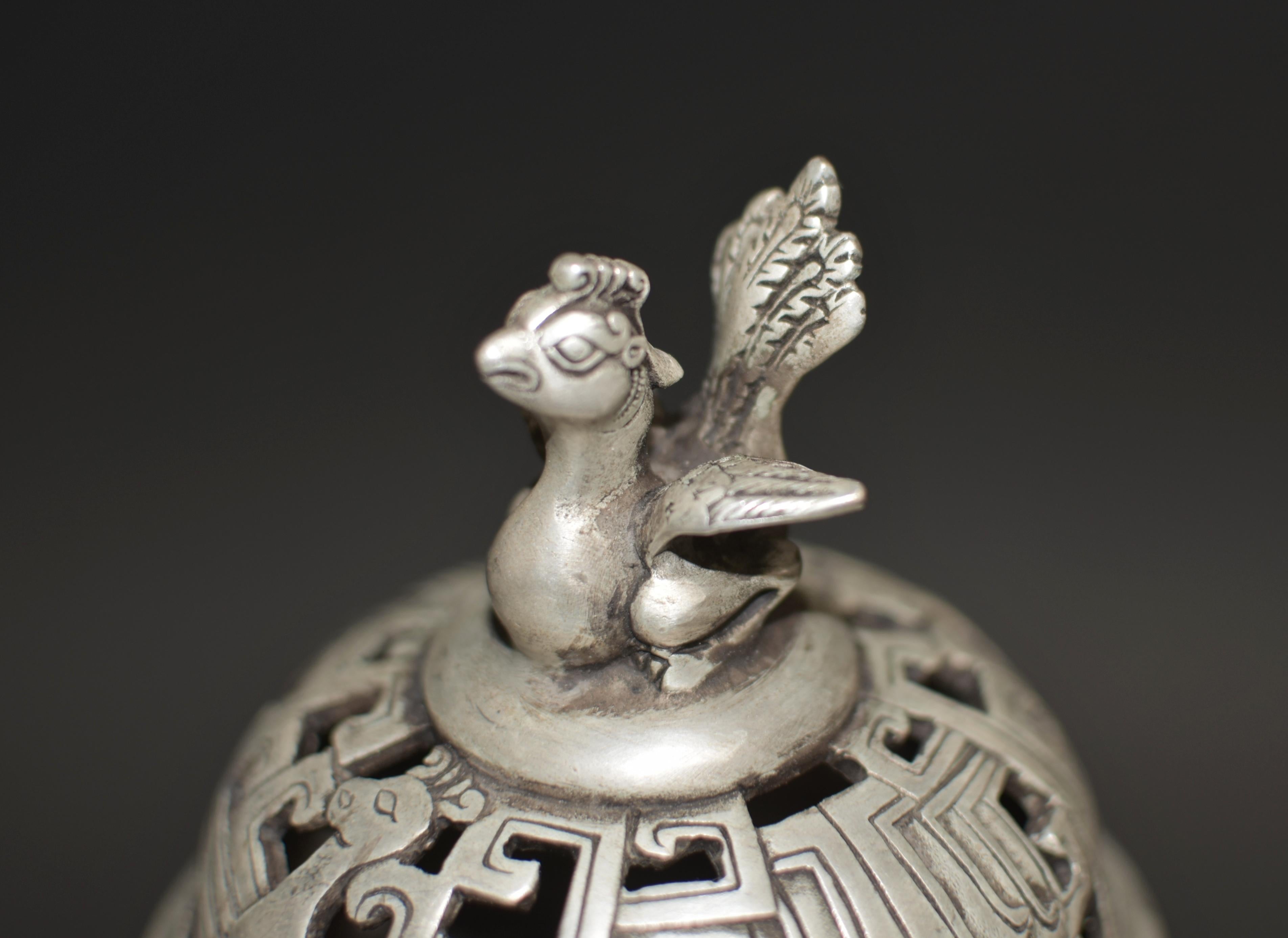 Silver Bronze Censer with Pheasants Incense Burner For Sale 3