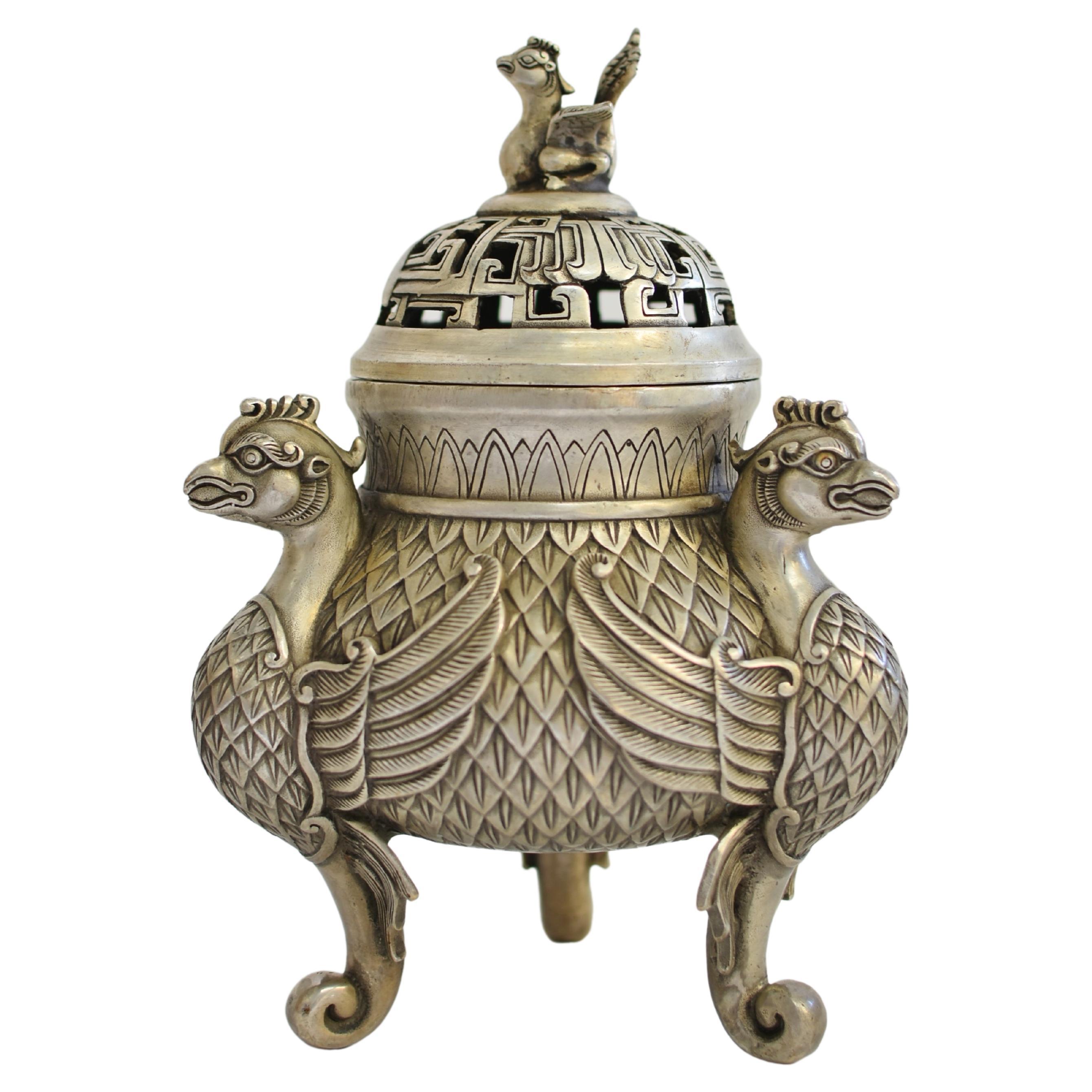 Silver Bronze Censer with Pheasants Incense Burner For Sale