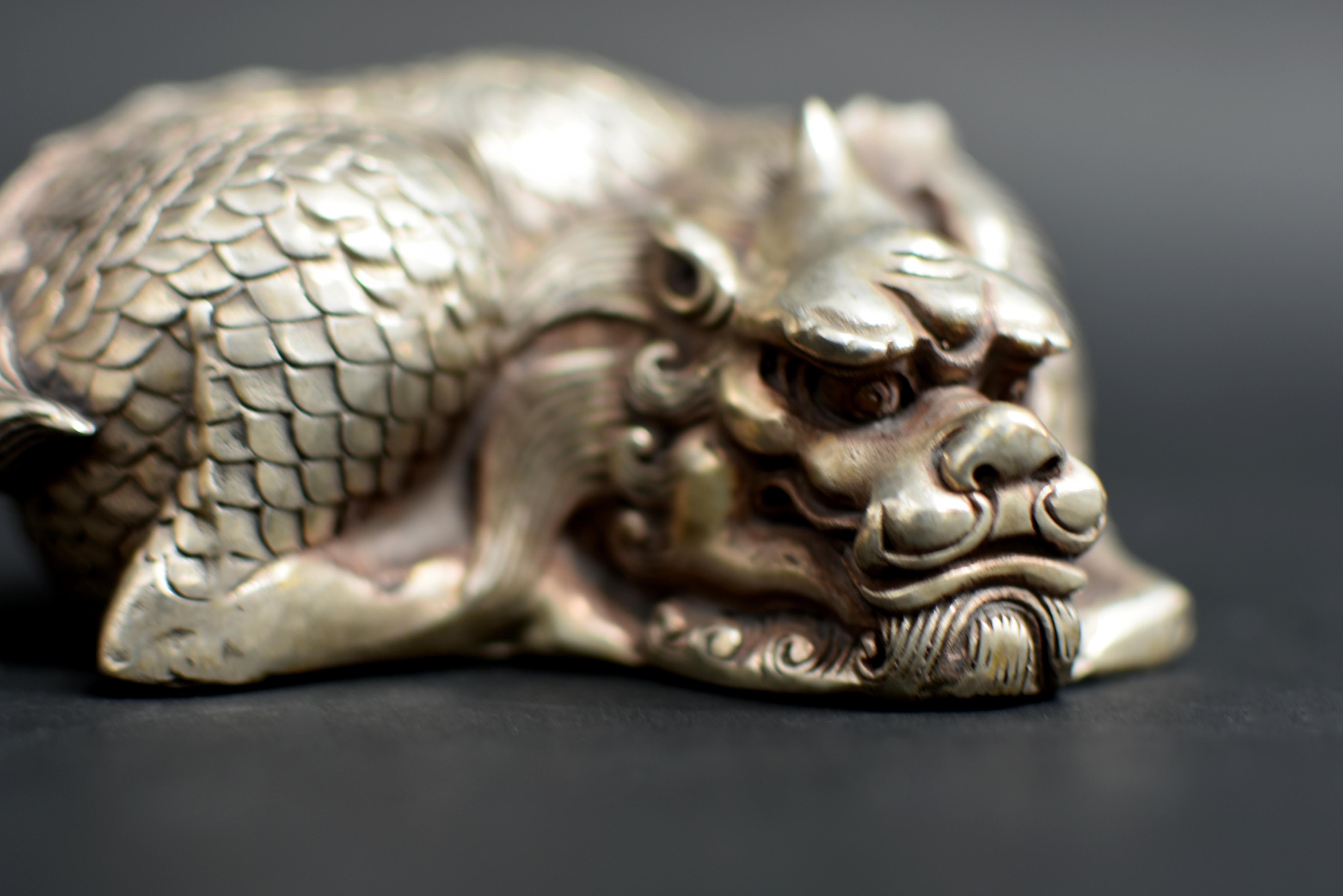 Silver Bronze Coiled Dragon Statue Paperweight 4