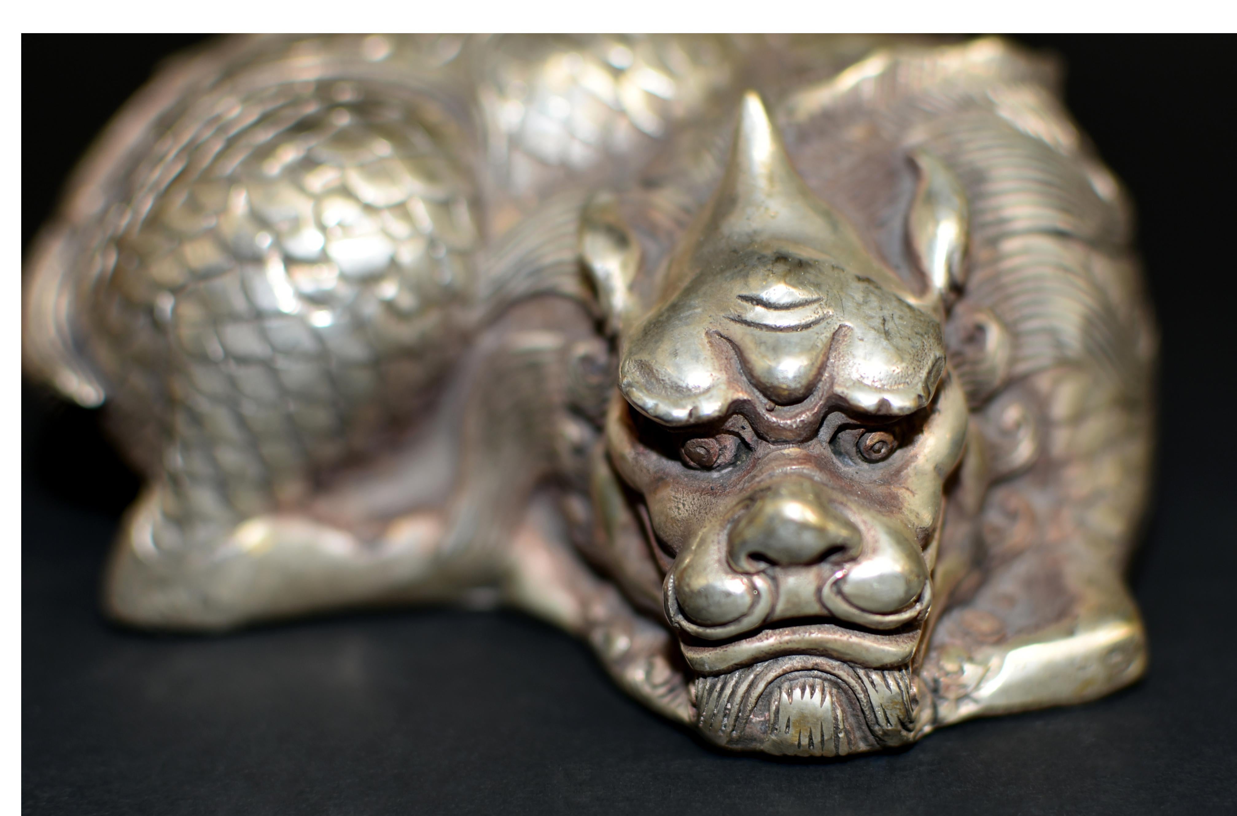 Silver Bronze Coiled Dragon Statue Paperweight 5