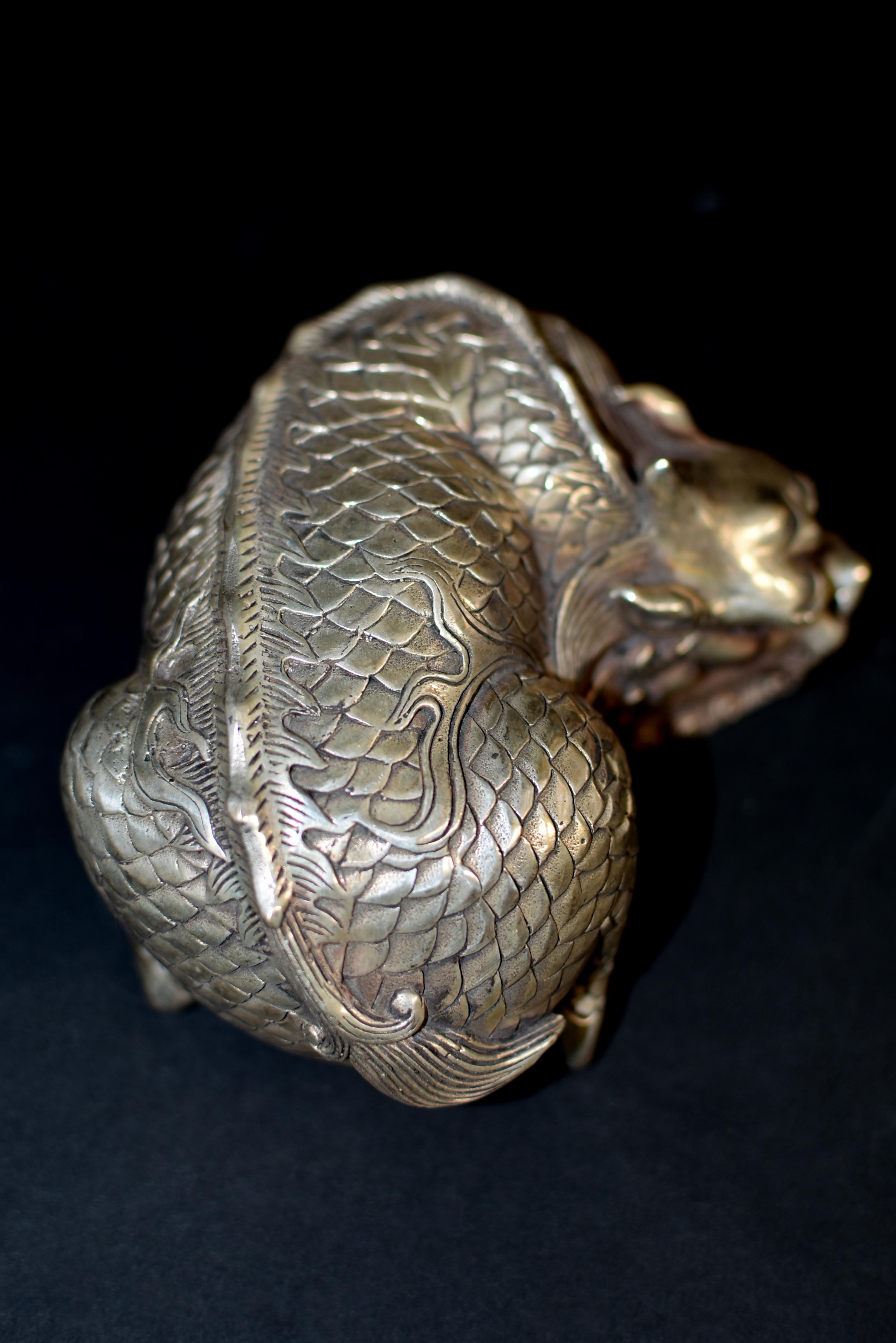 Silver Bronze Coiled Dragon Statue Paperweight 7