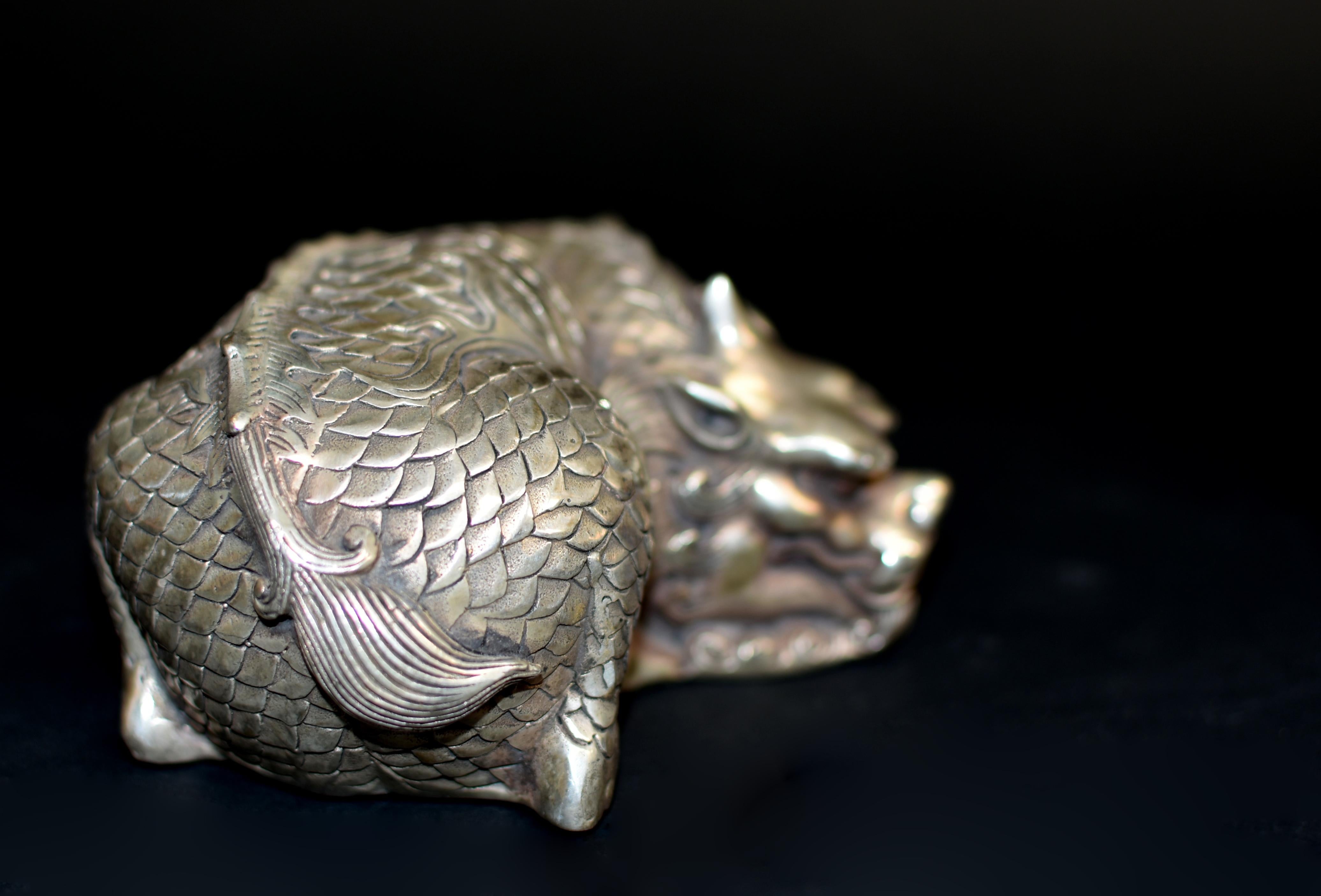 Silver Bronze Coiled Dragon Statue Paperweight 8