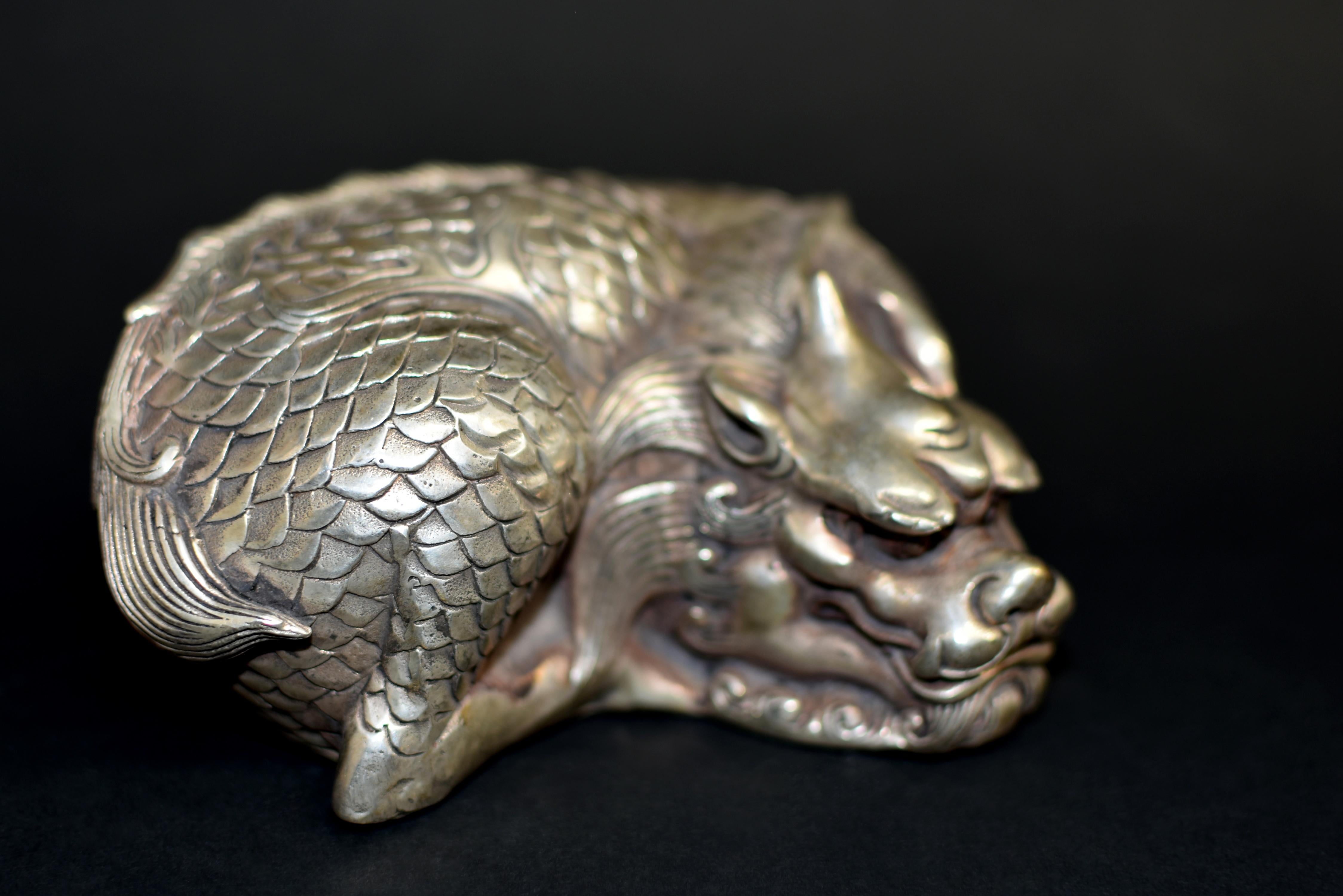 Asian Silver Bronze Coiled Dragon Statue Paperweight