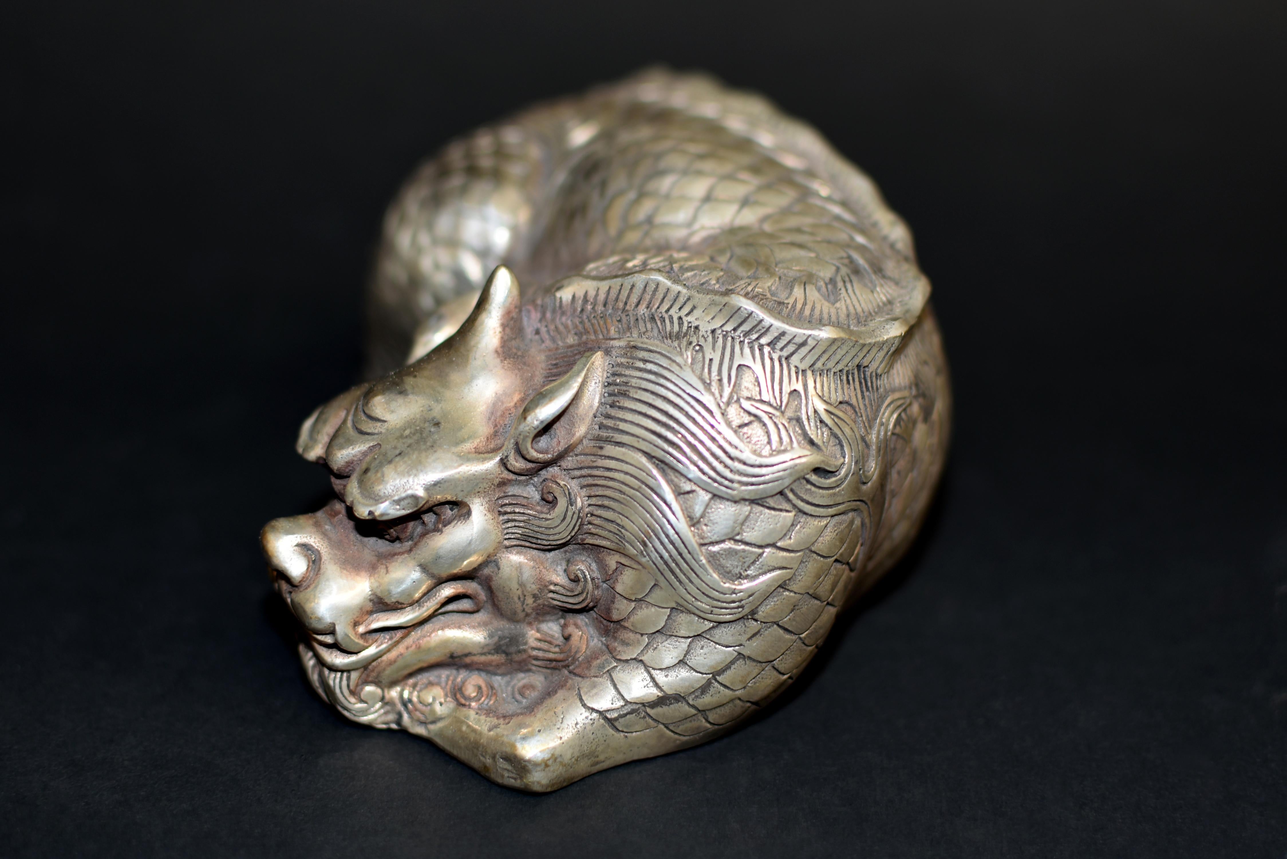 Silvered Silver Bronze Coiled Dragon Statue Paperweight