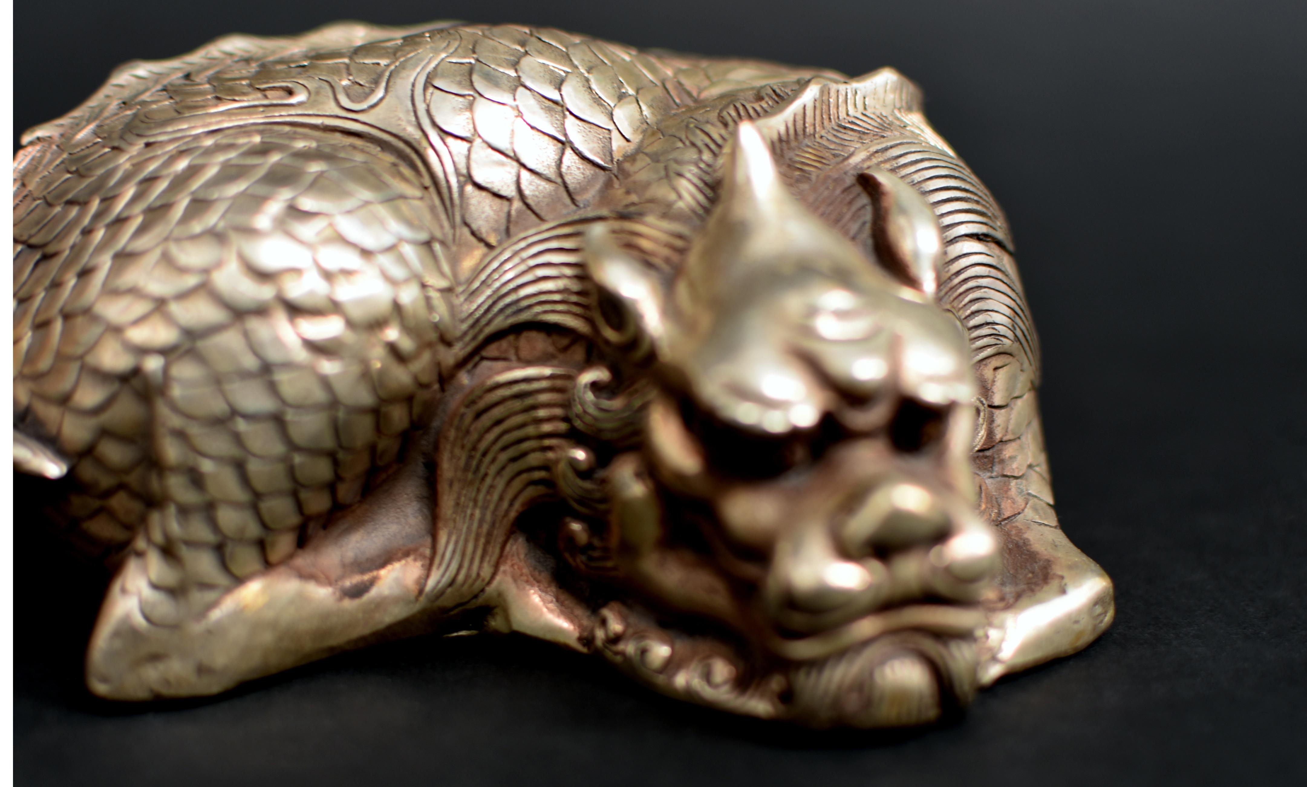 20th Century Silver Bronze Coiled Dragon Statue Paperweight