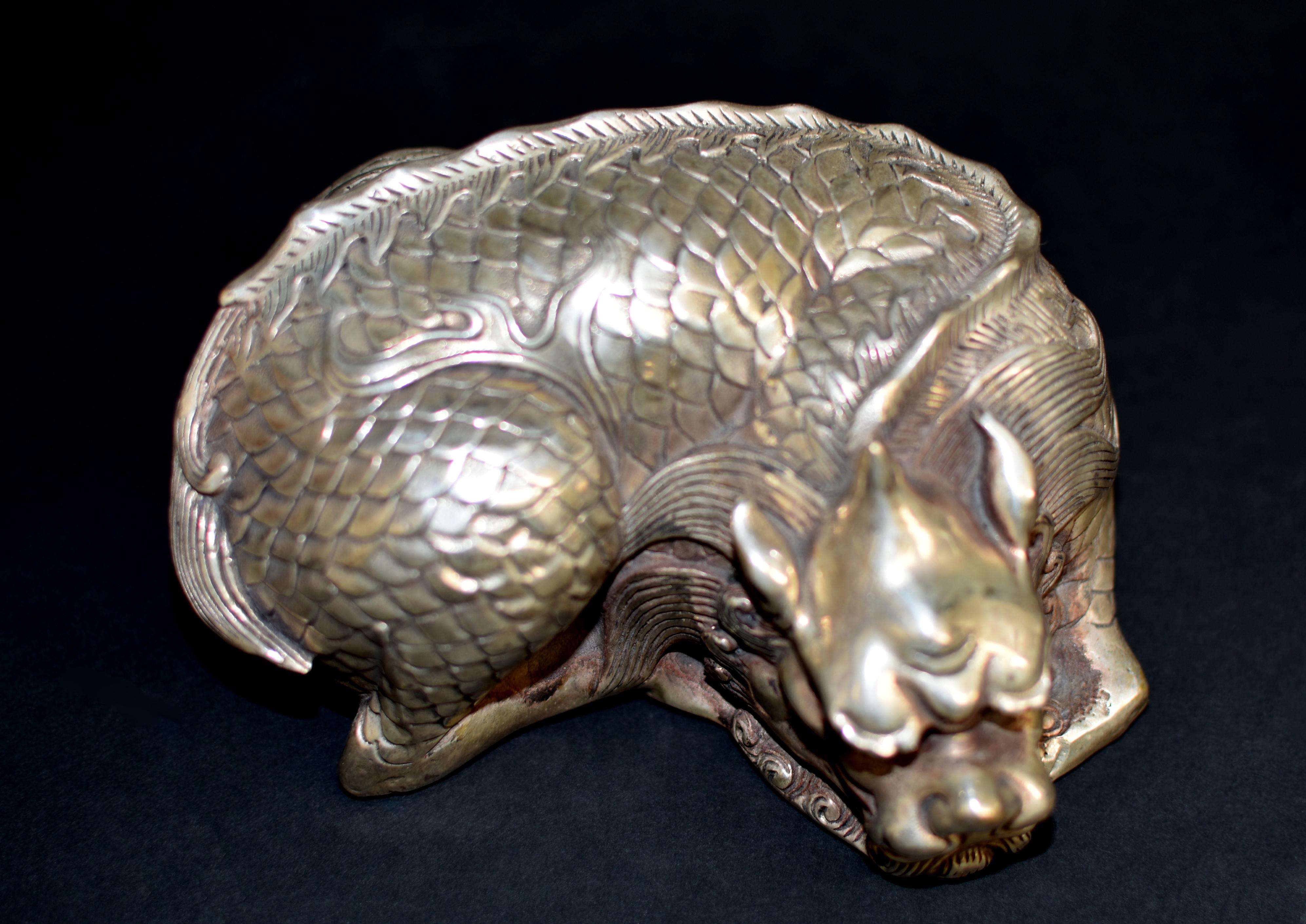 Silver Bronze Coiled Dragon Statue Paperweight 2