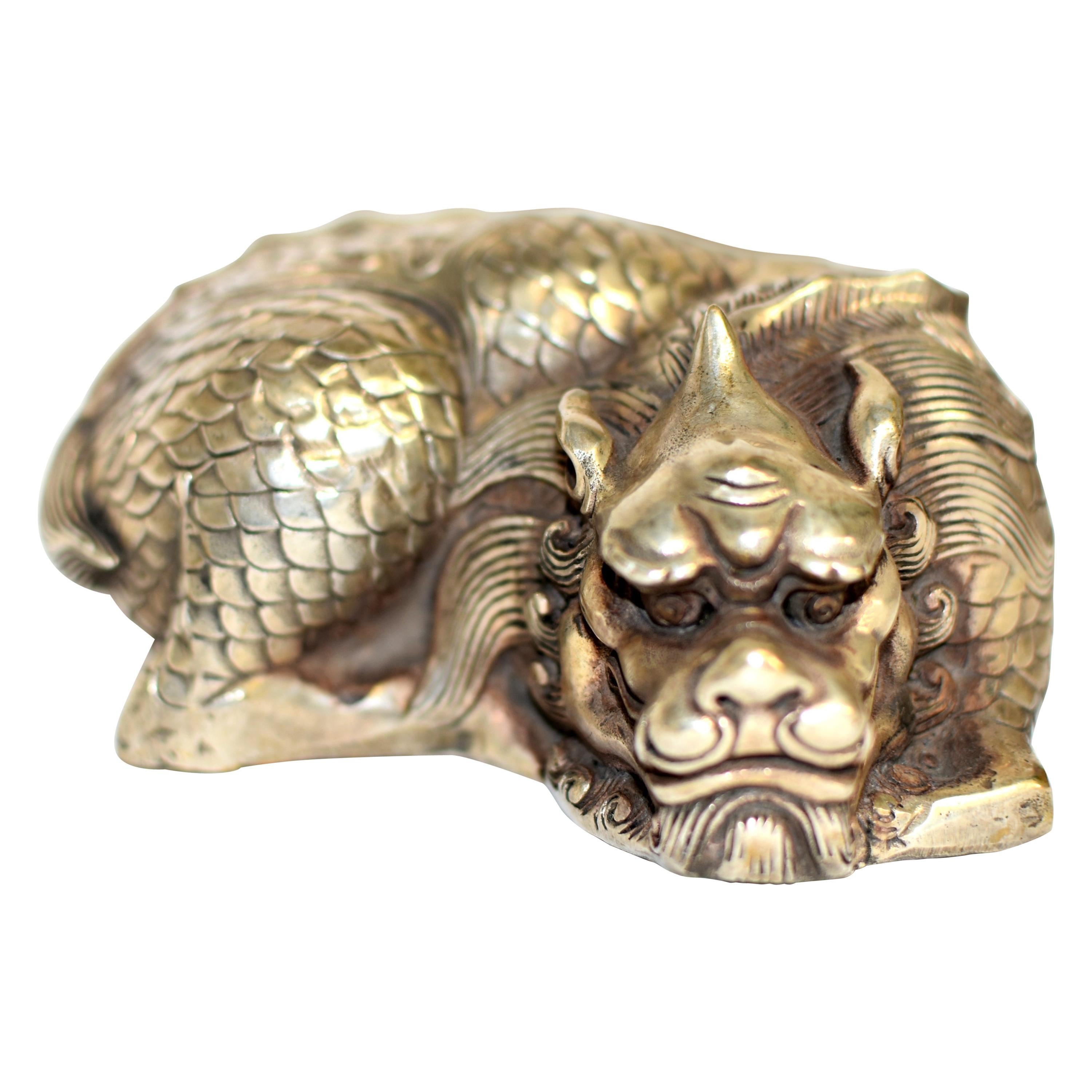 Silver Bronze Coiled Dragon Statue Paperweight