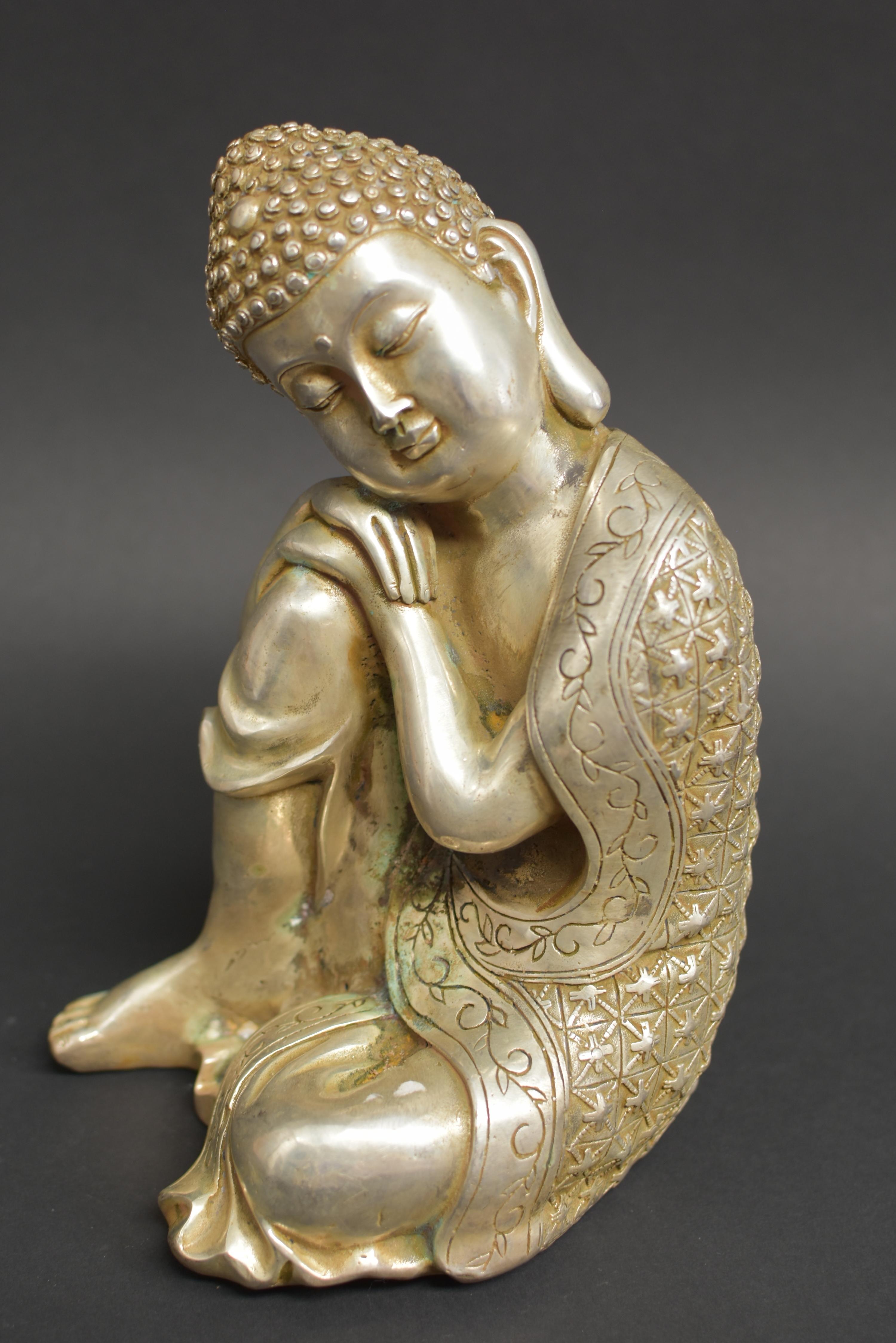 Silver Bronze Contemplative Buddha in Meditation In Good Condition In Somis, CA