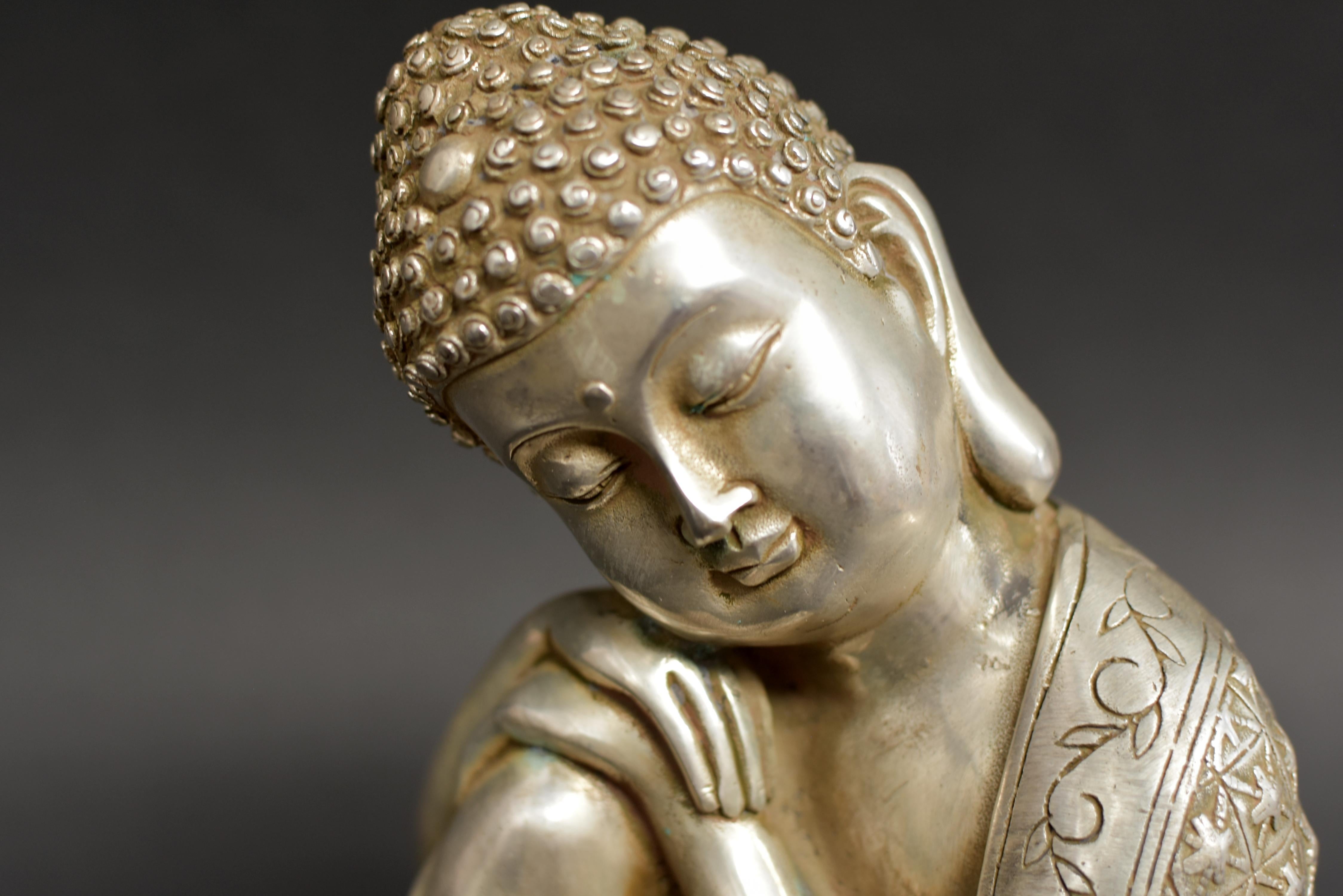 20th Century Silver Bronze Contemplative Buddha in Meditation