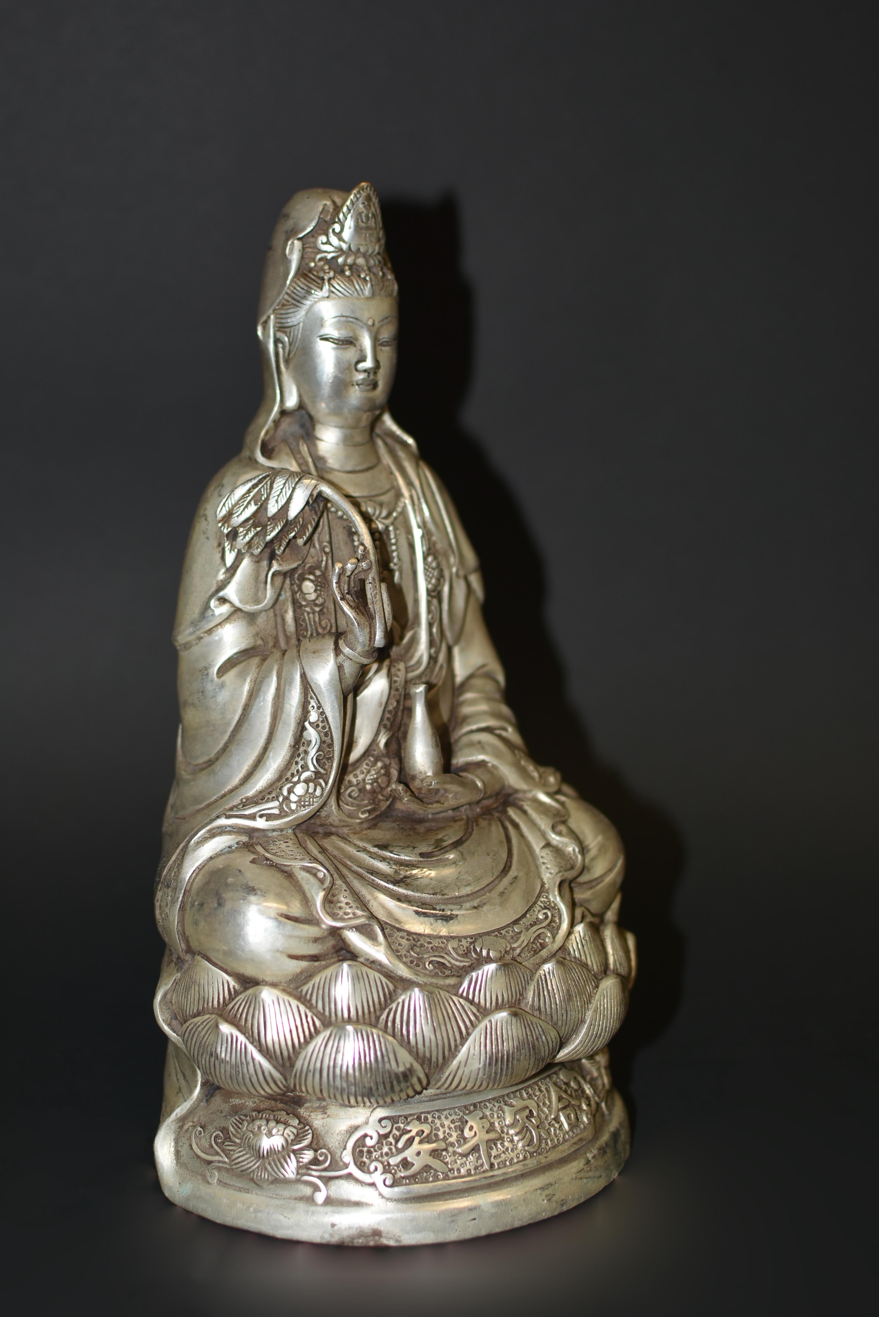 Silver Bronze Guan Yin Statue 7 Lb Avalokiteshvara Compassion For Sale 3