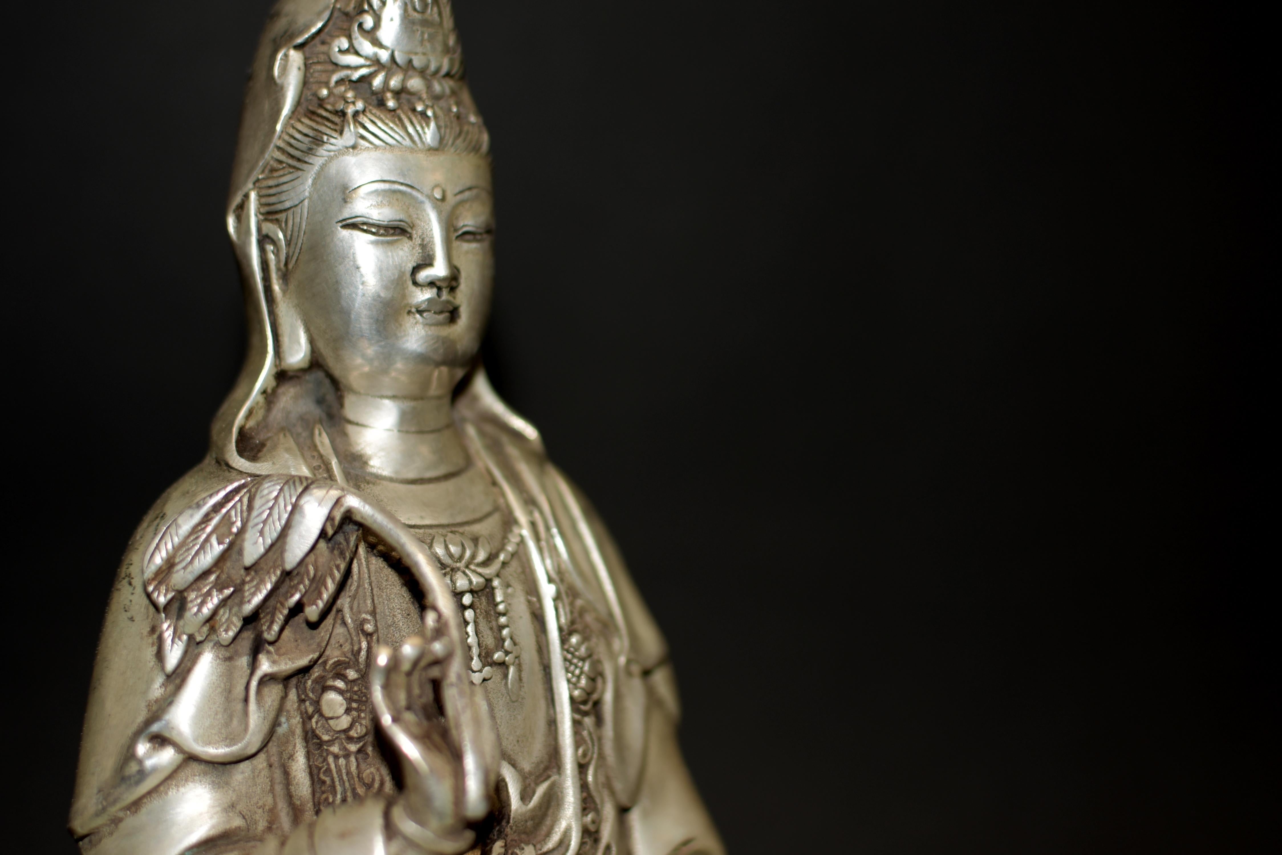 Silver Bronze Guan Yin Statue 7 Lb Avalokiteshvara Compassion For Sale 5
