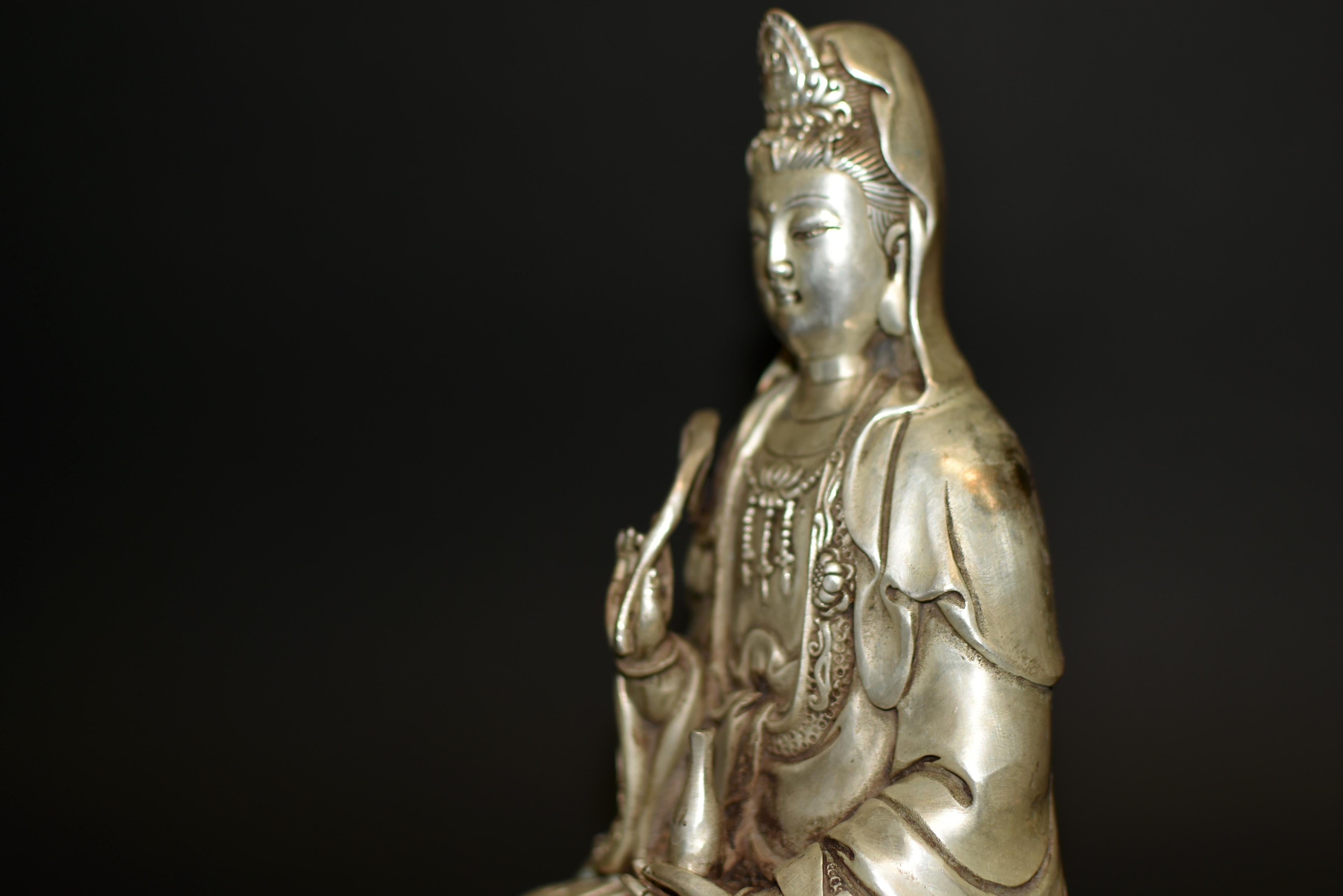 Silver Bronze Guan Yin Statue 7 Lb Avalokiteshvara Compassion For Sale 10