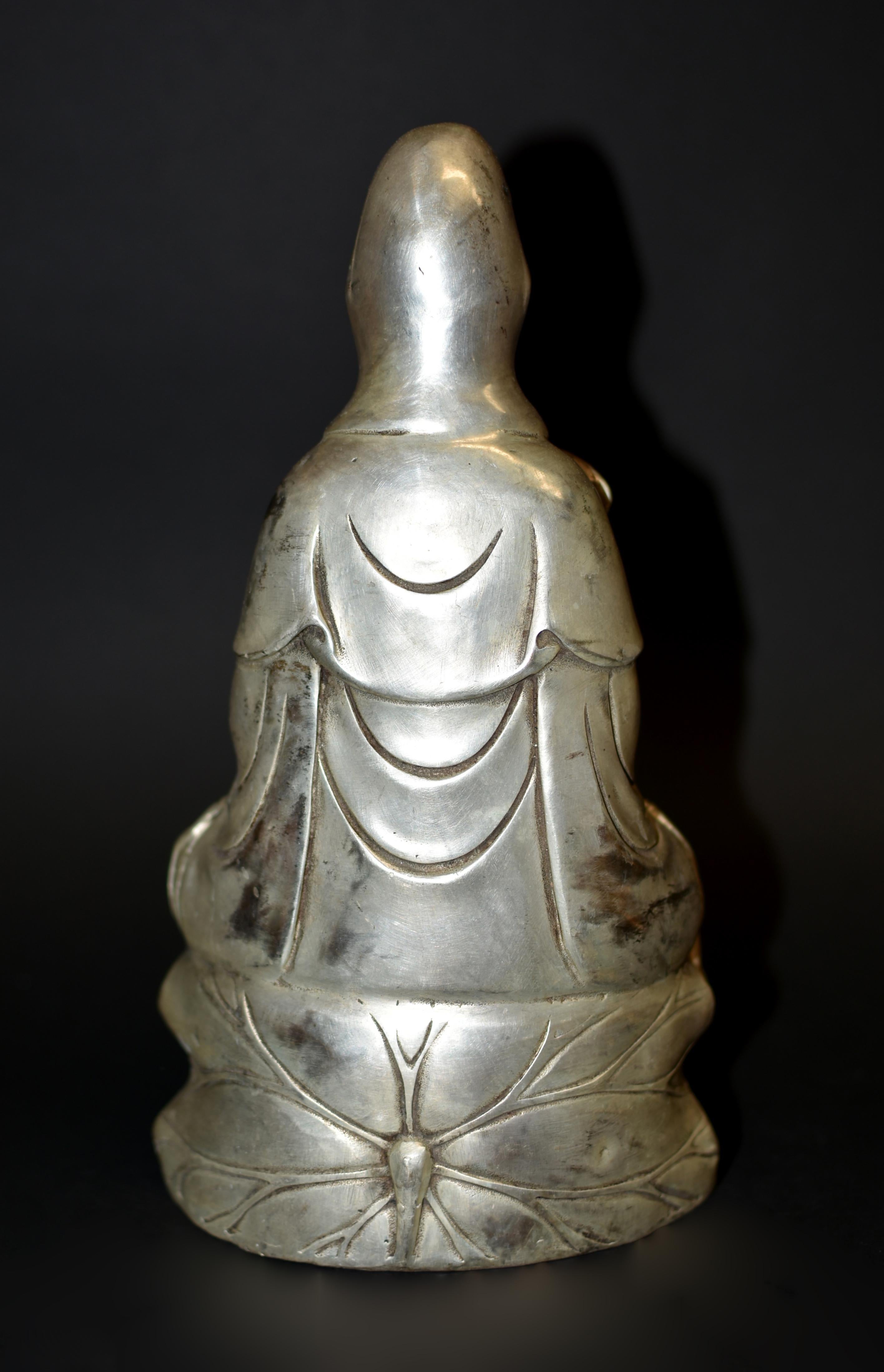 Silver Bronze Guan Yin Statue 7 Lb Avalokiteshvara Compassion For Sale 12