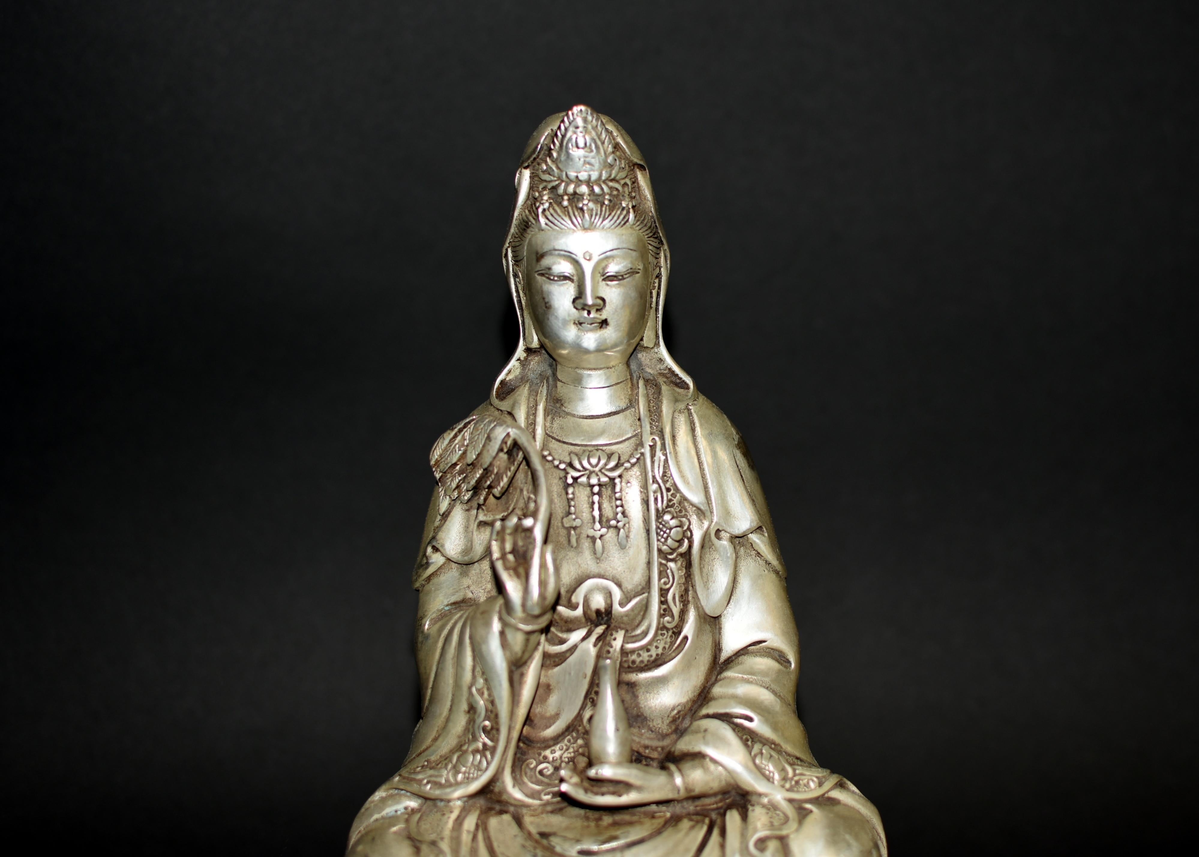 Qing Silver Bronze Guan Yin Statue 7 Lb Avalokiteshvara Compassion For Sale