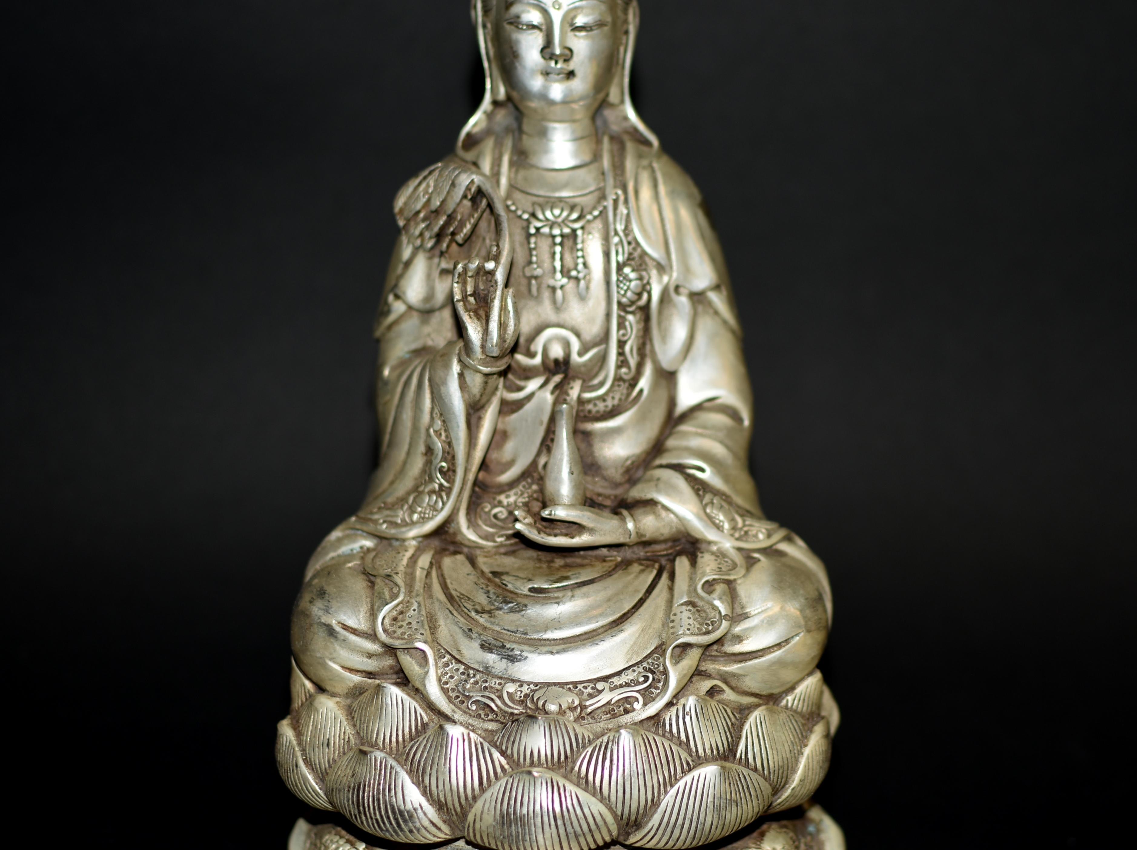 Chinese Silver Bronze Guan Yin Statue 7 Lb Avalokiteshvara Compassion For Sale