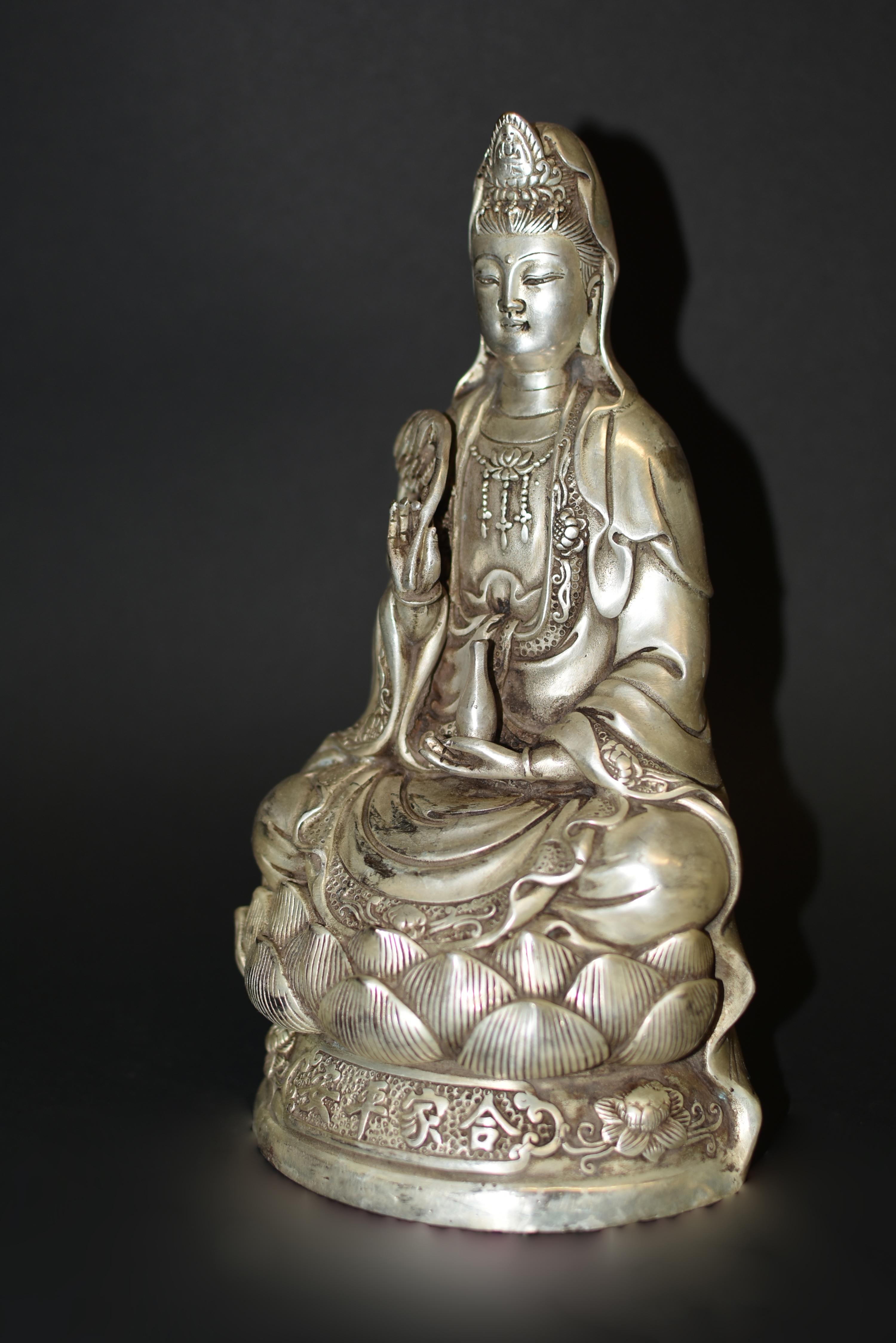Silver Bronze Guan Yin Statue 7 Lb Avalokiteshvara Compassion For Sale 2