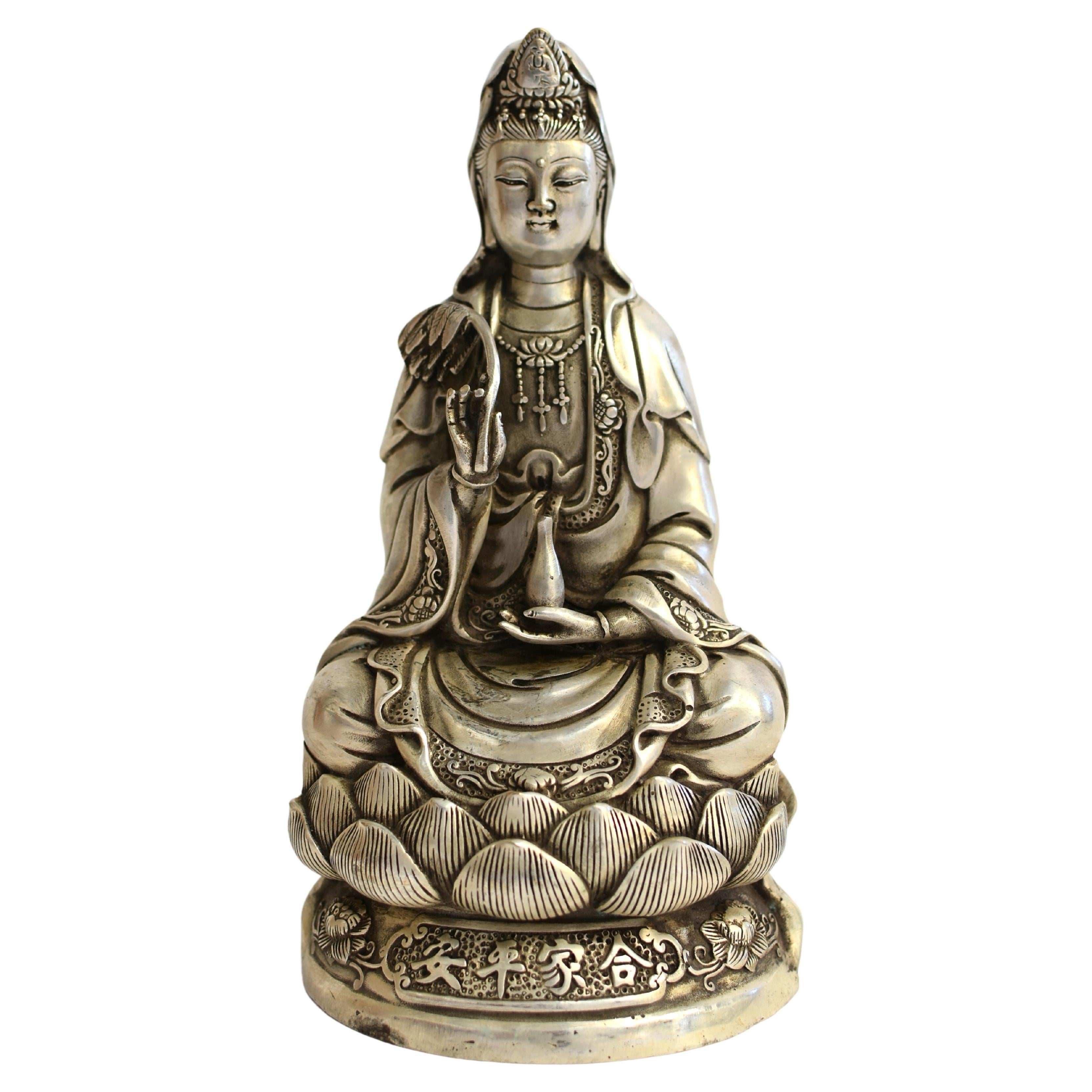 Statue Guan Yin en bronze argenté 7 kg Compassion d'Avalokiteshvara