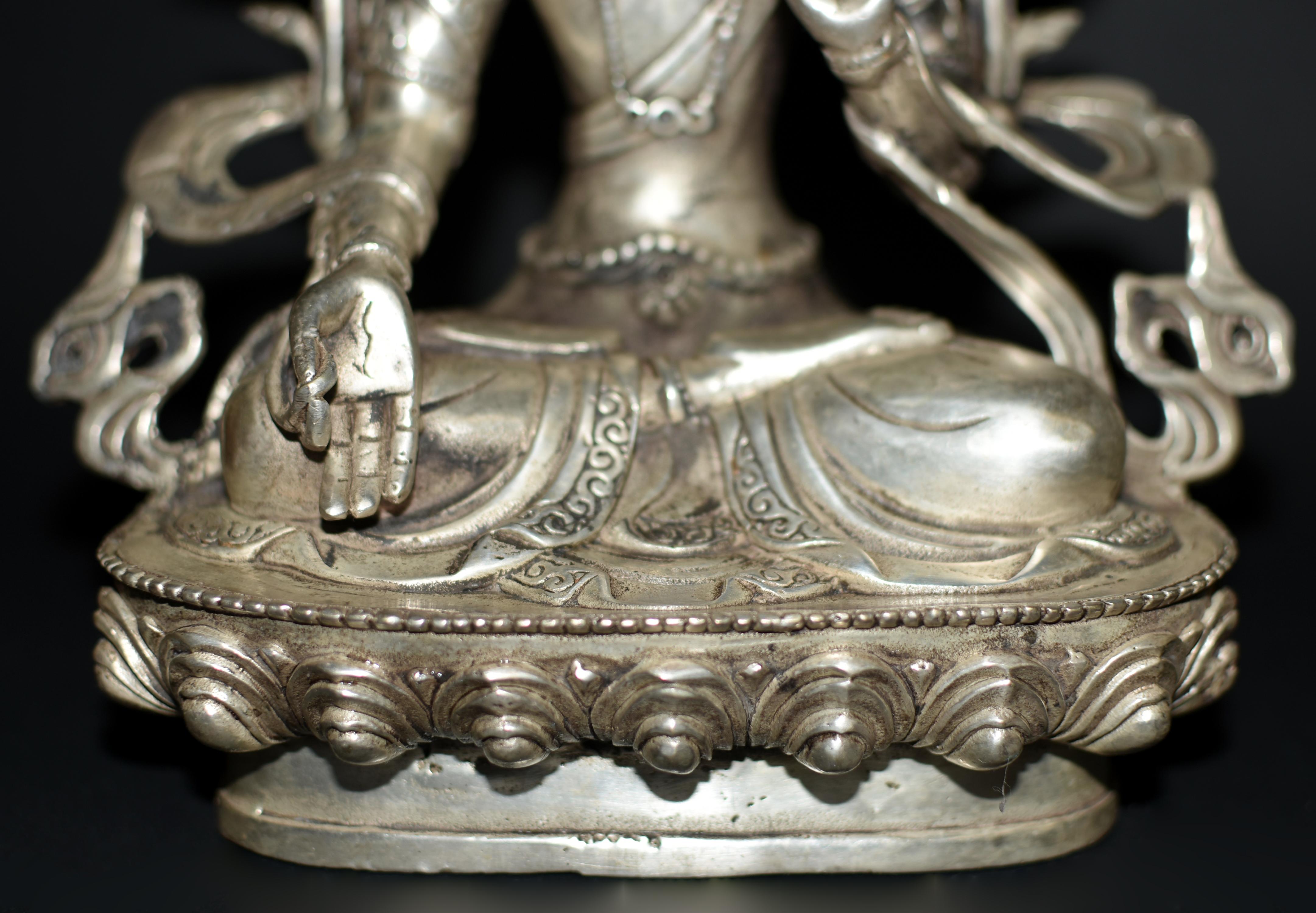 Silver Bronze Tibetan White Tara Statue For Sale 4