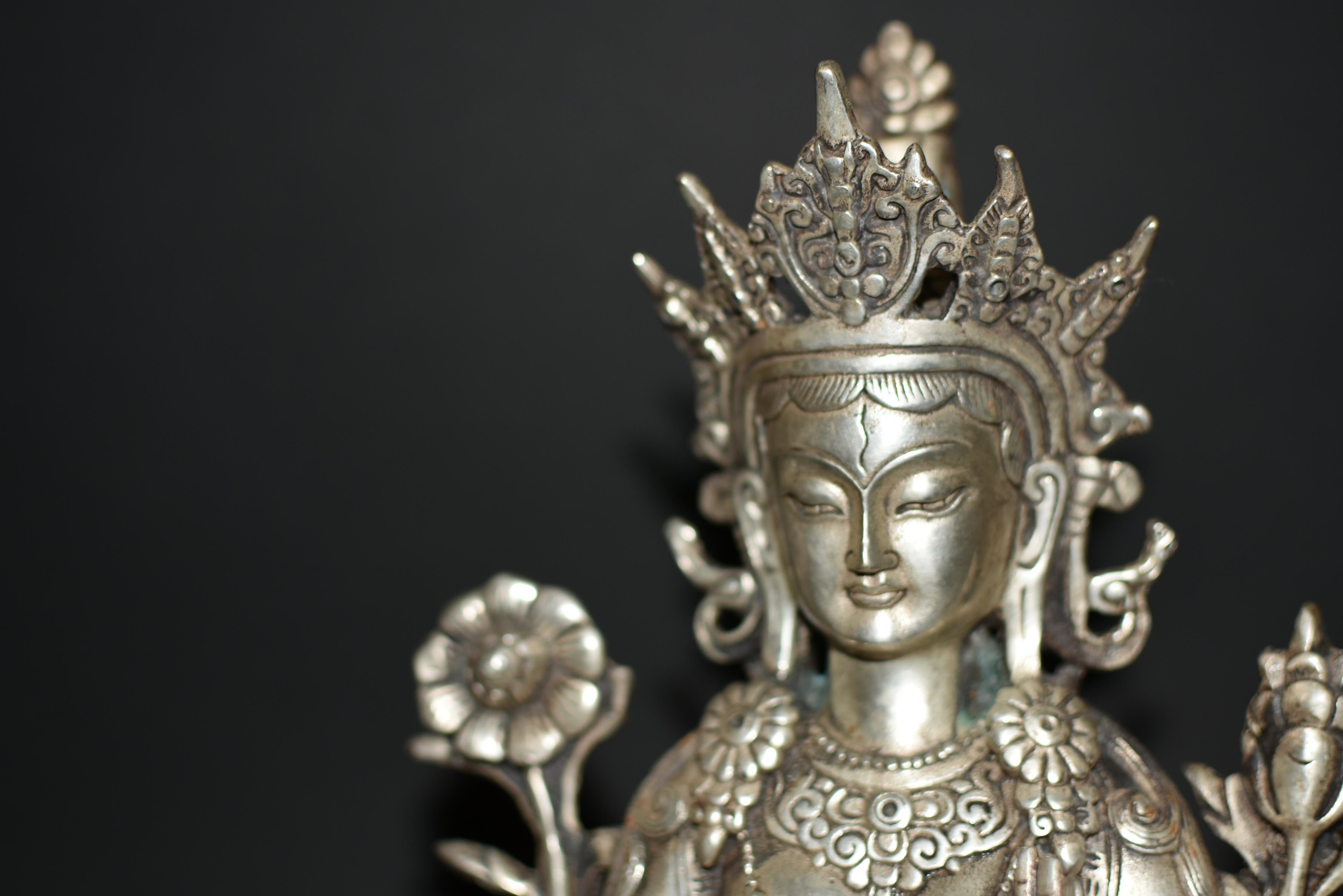 Silver Bronze Tibetan White Tara Statue For Sale 5