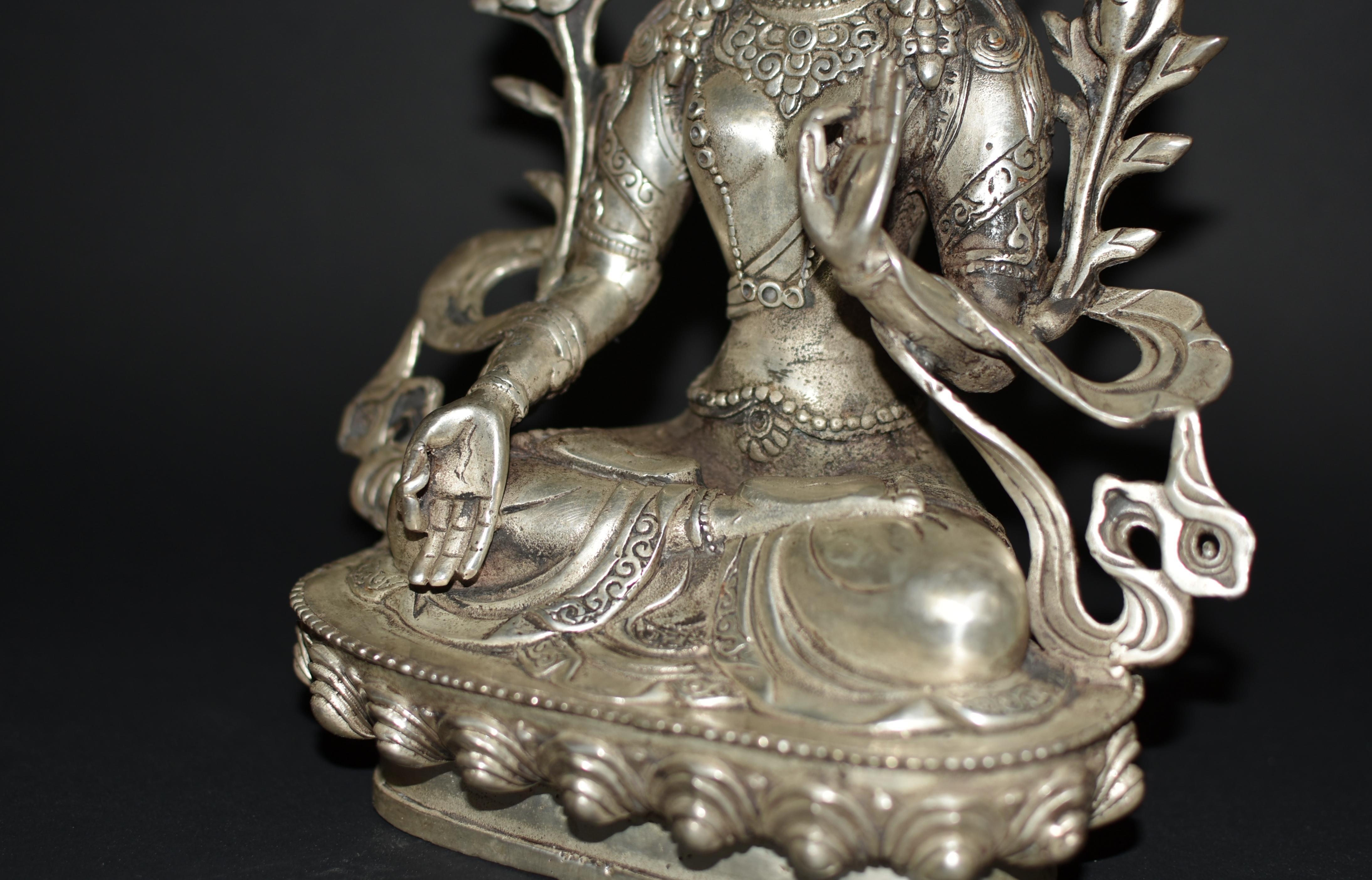 Silver Bronze Tibetan White Tara Statue For Sale 8