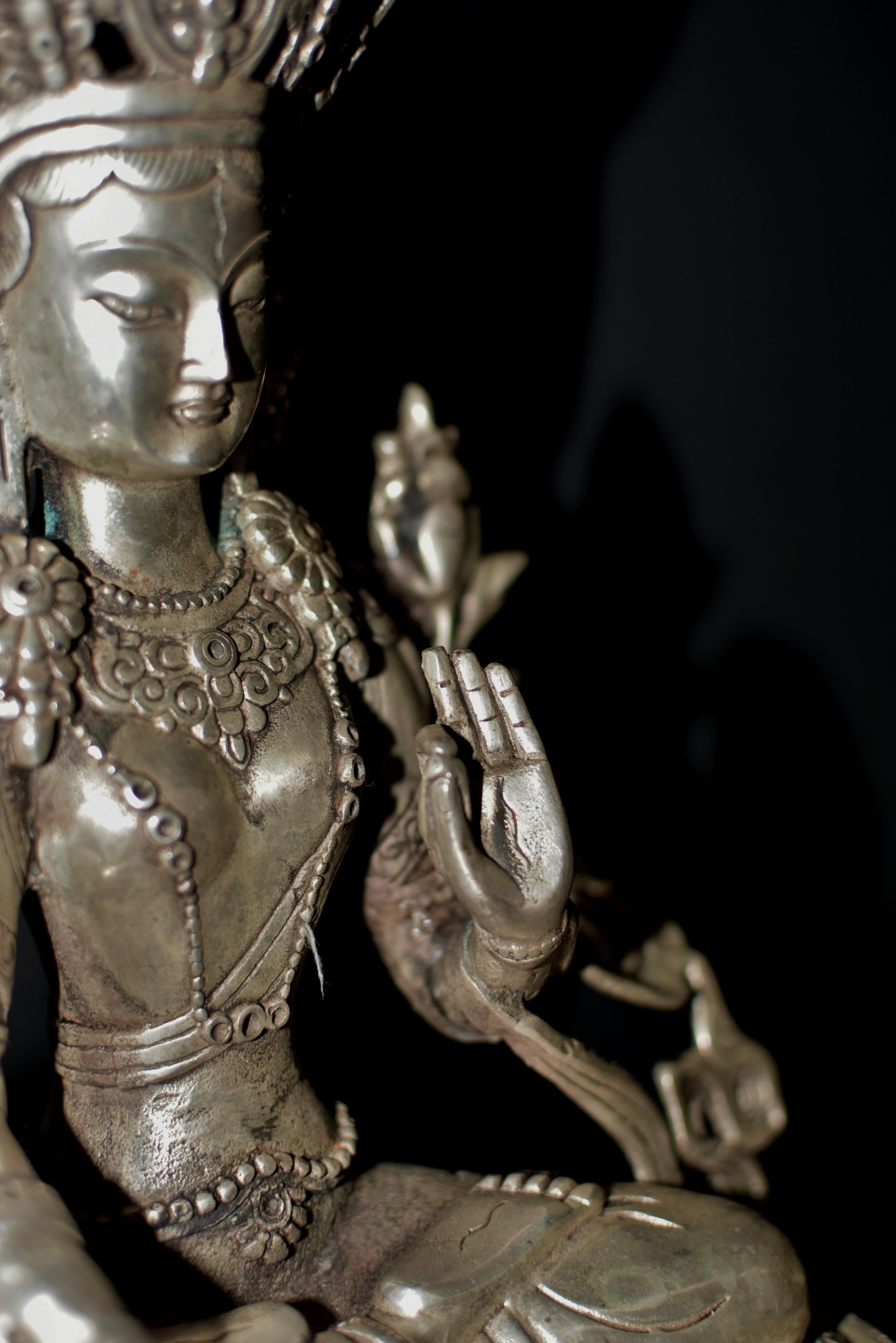Silver Bronze Tibetan White Tara Statue For Sale 9