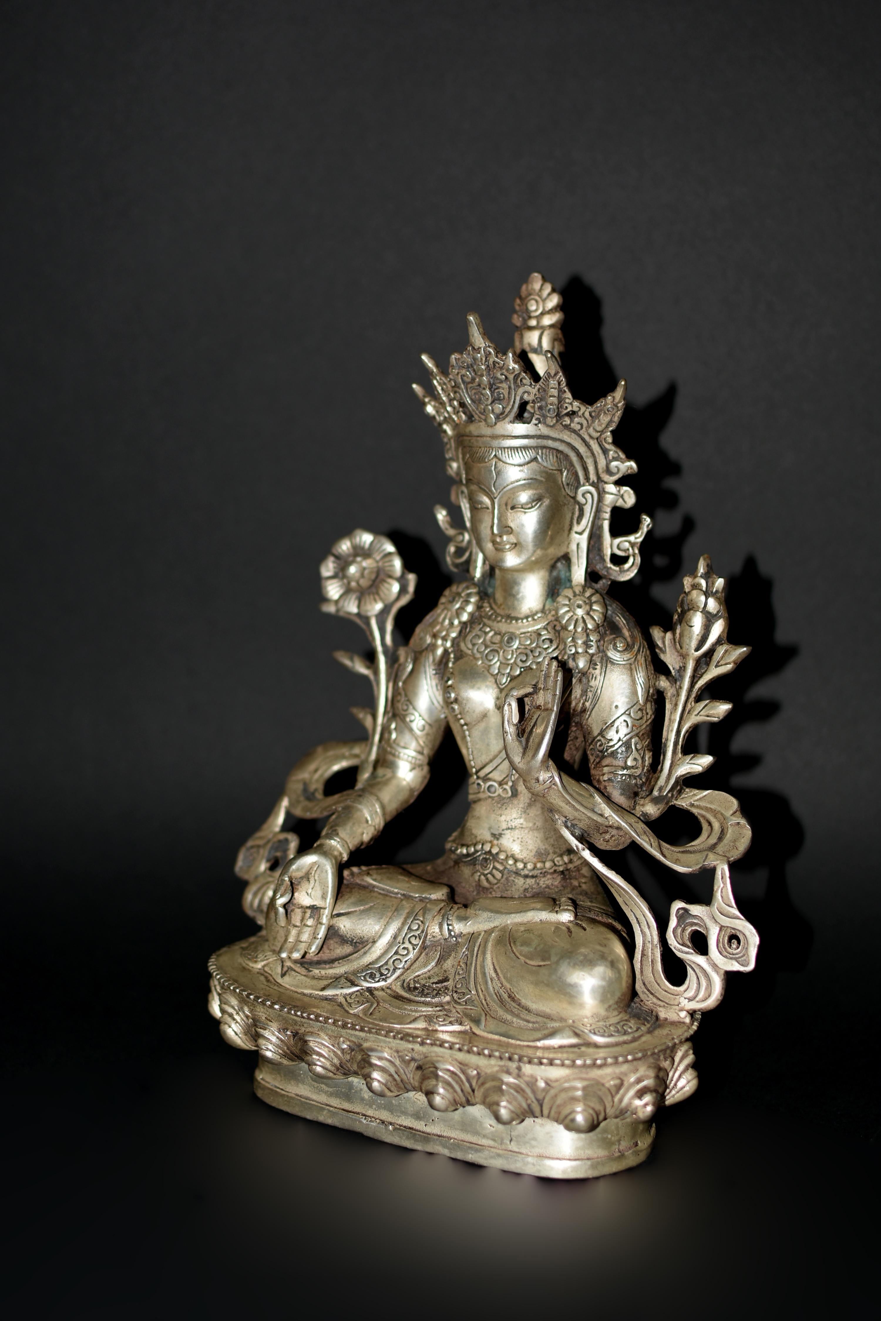 20th Century Silver Bronze Tibetan White Tara Statue For Sale