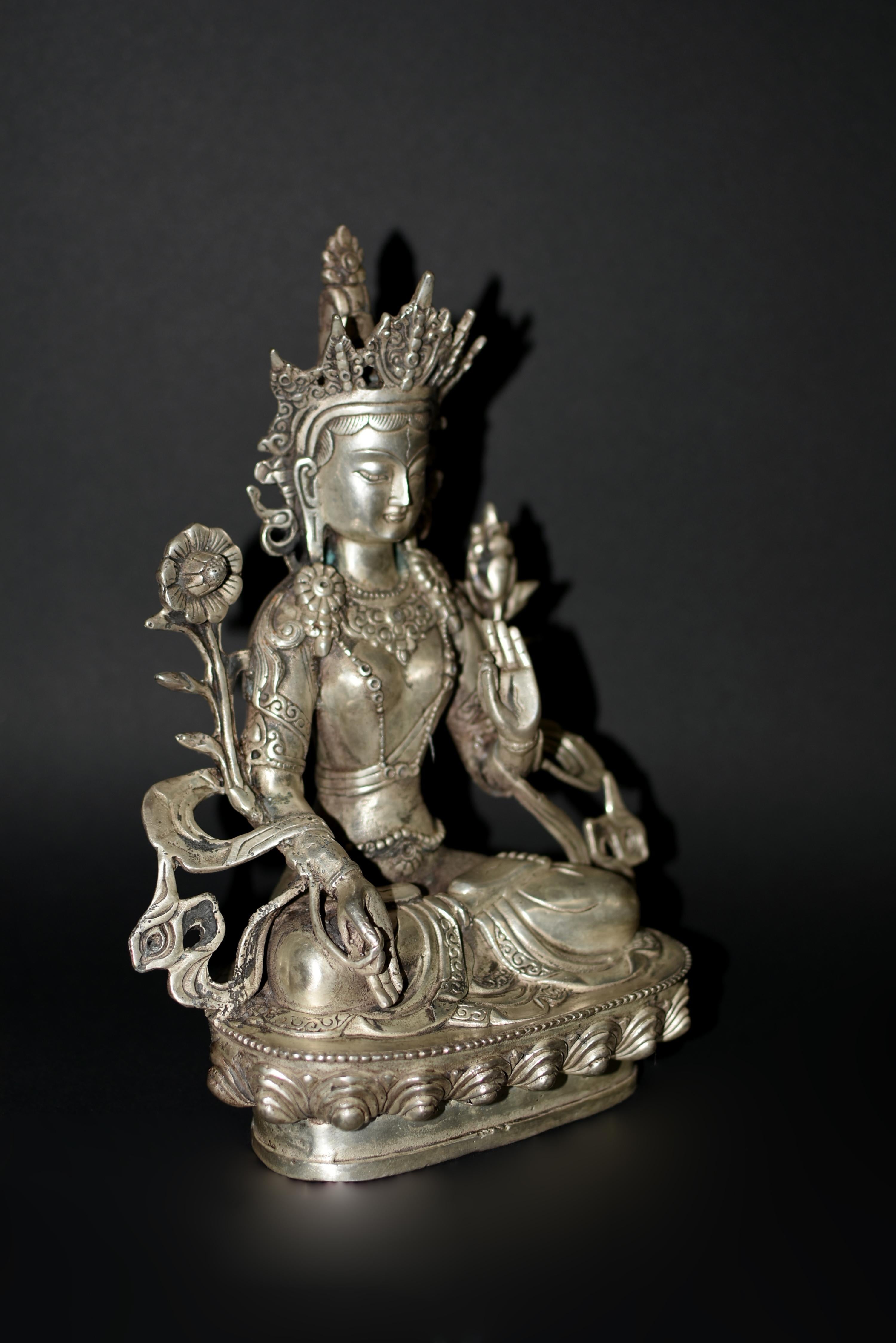 Silver Bronze Tibetan White Tara Statue For Sale 1