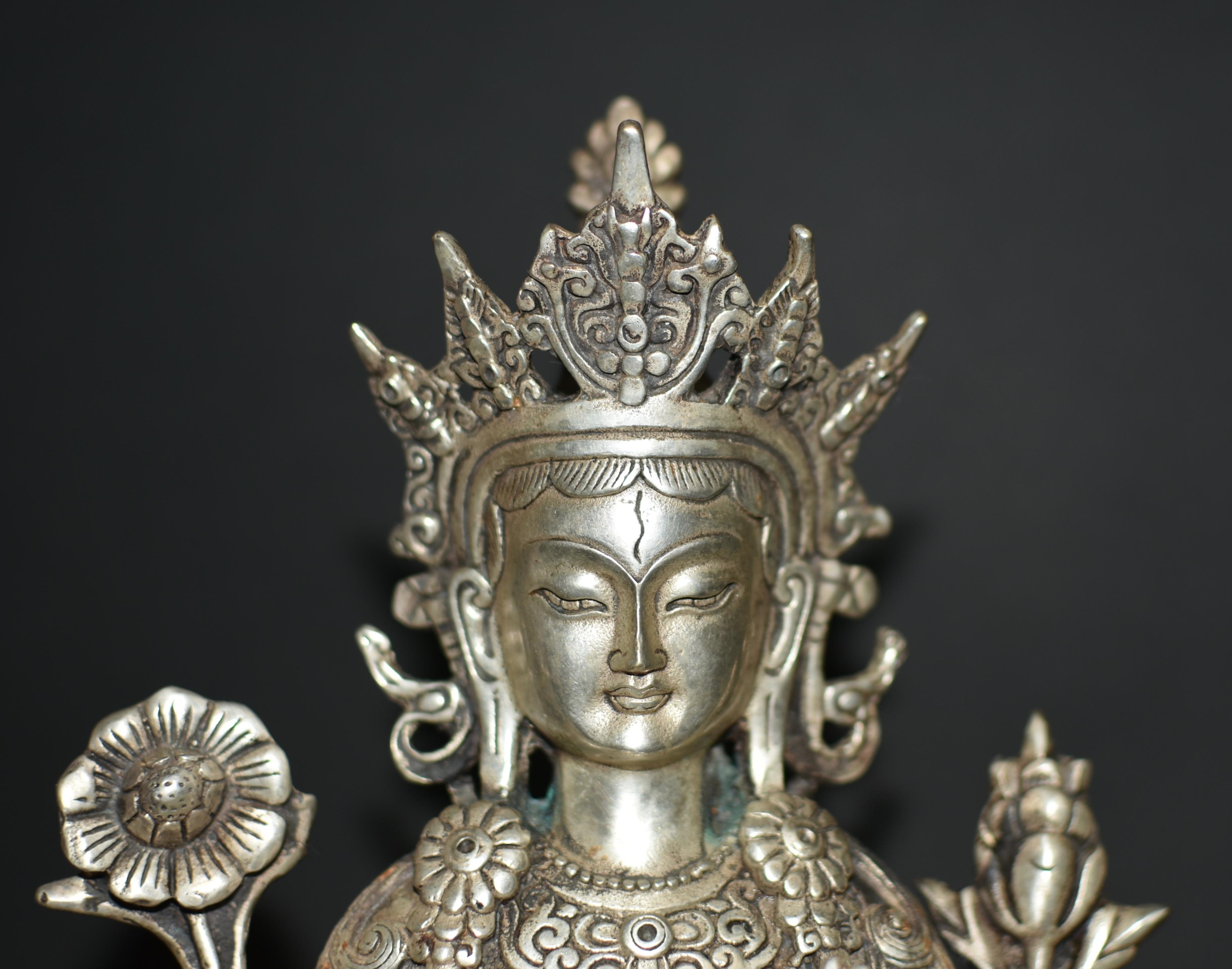 Silver Bronze Tibetan White Tara Statue For Sale 2