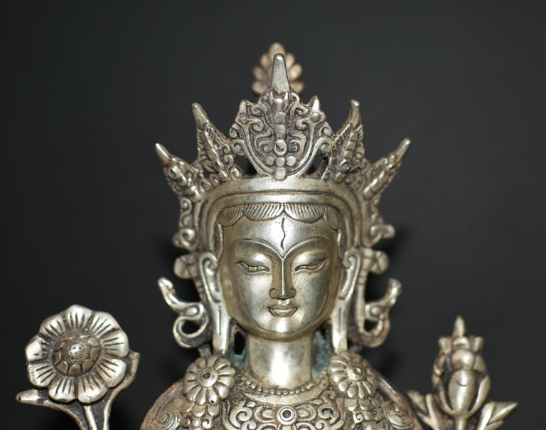Silver Bronze Tibetan White Tara Statue For Sale at 1stDibs