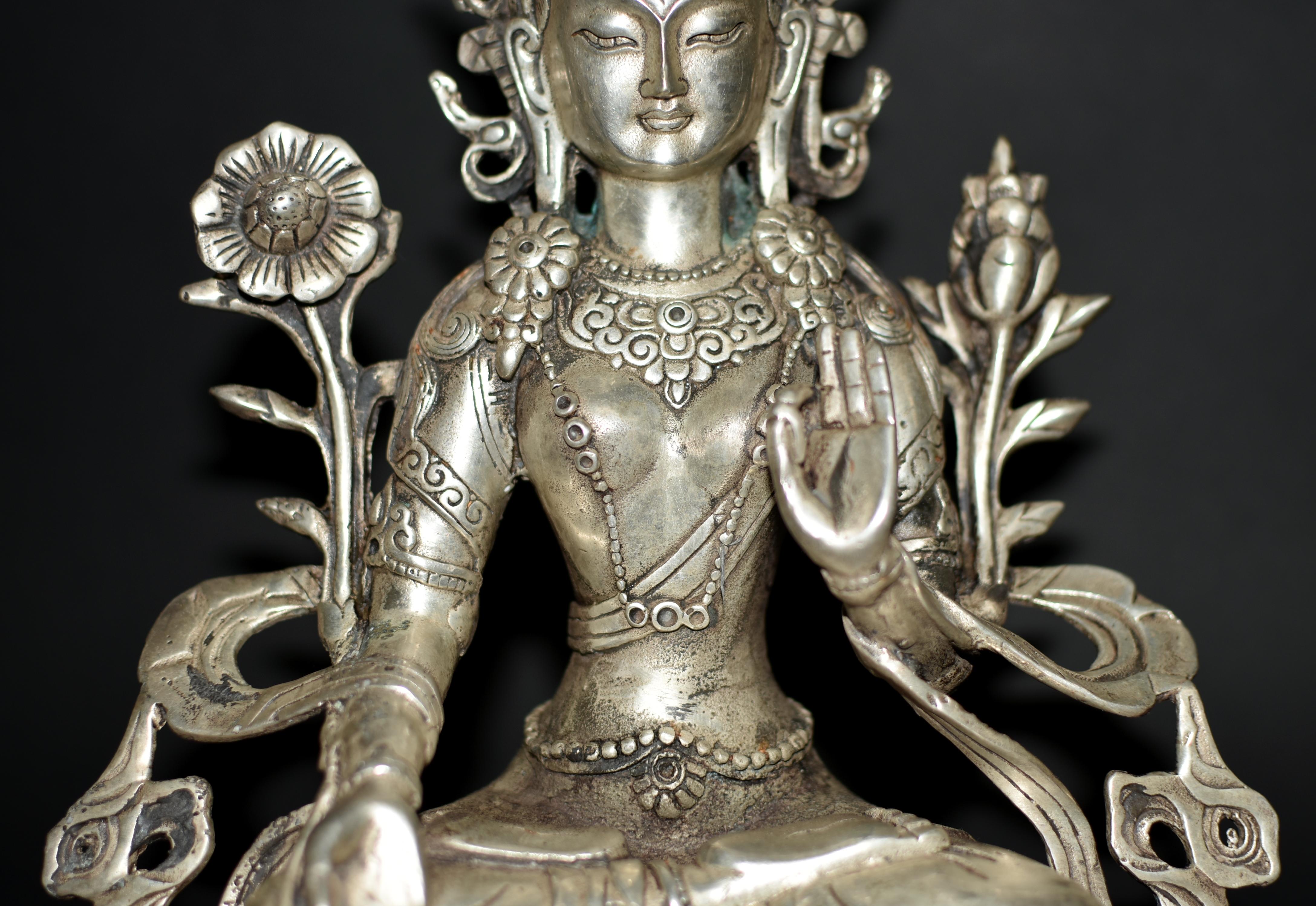 Silver Bronze Tibetan White Tara Statue For Sale 3