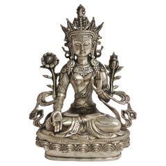 Vintage Silver Bronze Tibetan White Tara Statue