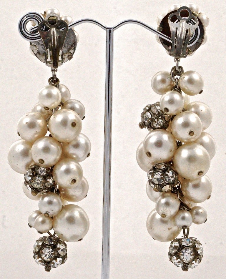 Silver Bronze Tone Rhinestone Faux Pearl Cluster Clip On Drop Earrings