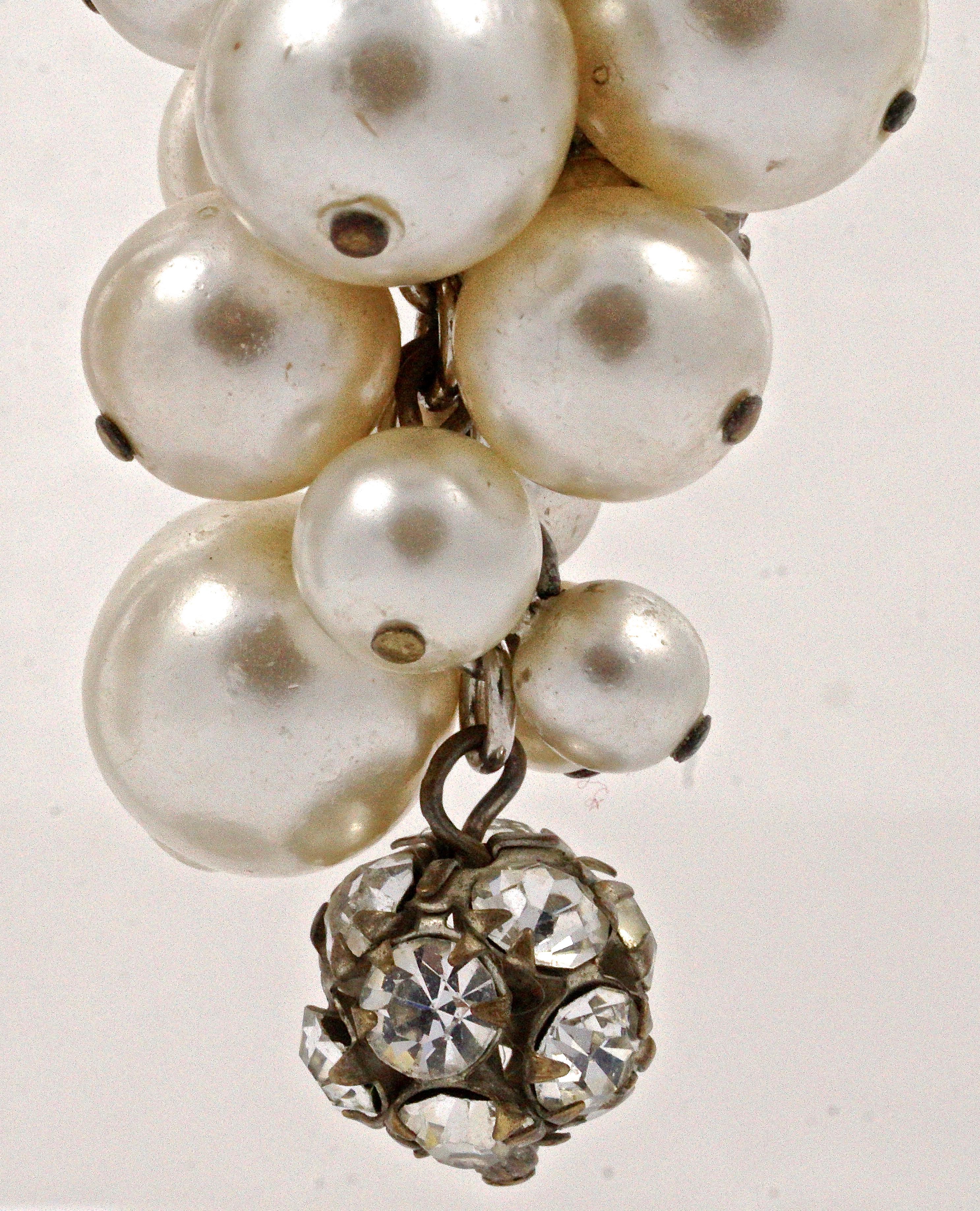 Silver Bronze Tone Rhinestone Faux Pearl Cluster Clip On Drop Earrings, 1960s  In Good Condition In London, GB