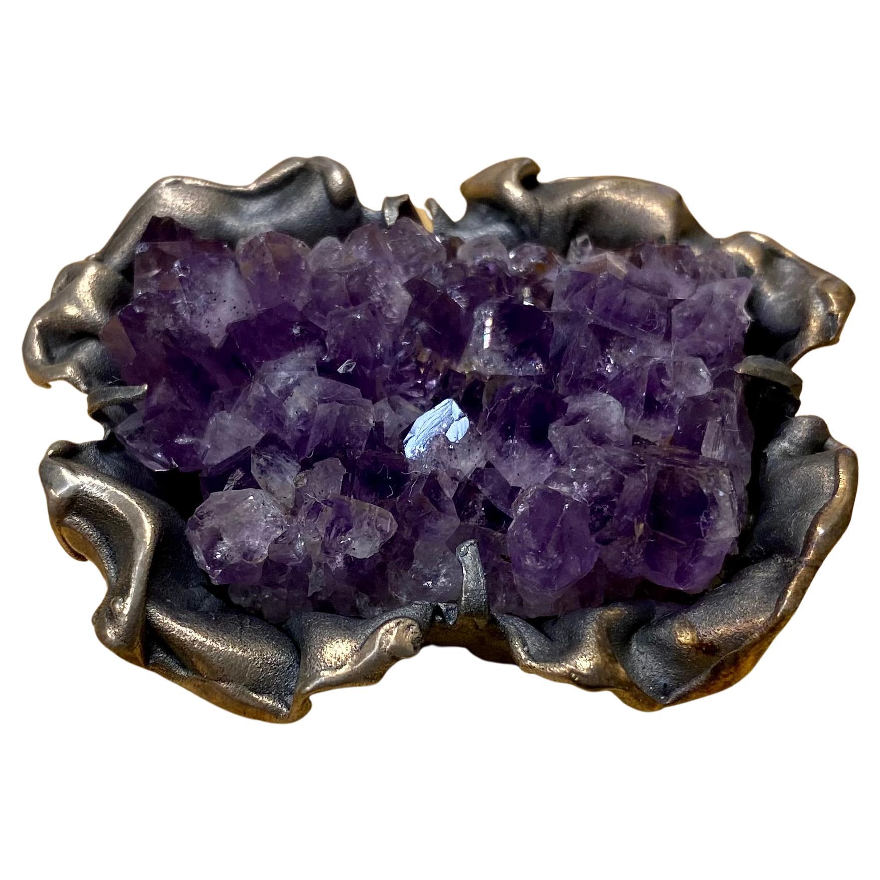 Silver Brooch Designed by Reino Saastamoinen Finland Amethyst in Crystals For Sale