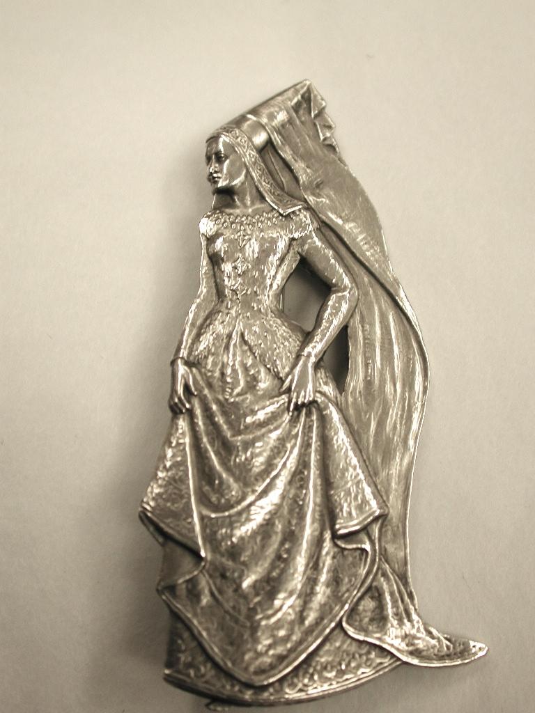 Silver Brooch of a Lady in Medieval Clothes, London, 1946 3