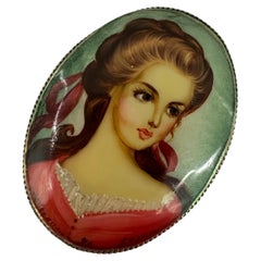 Antique Silver brooch painted with oil European
