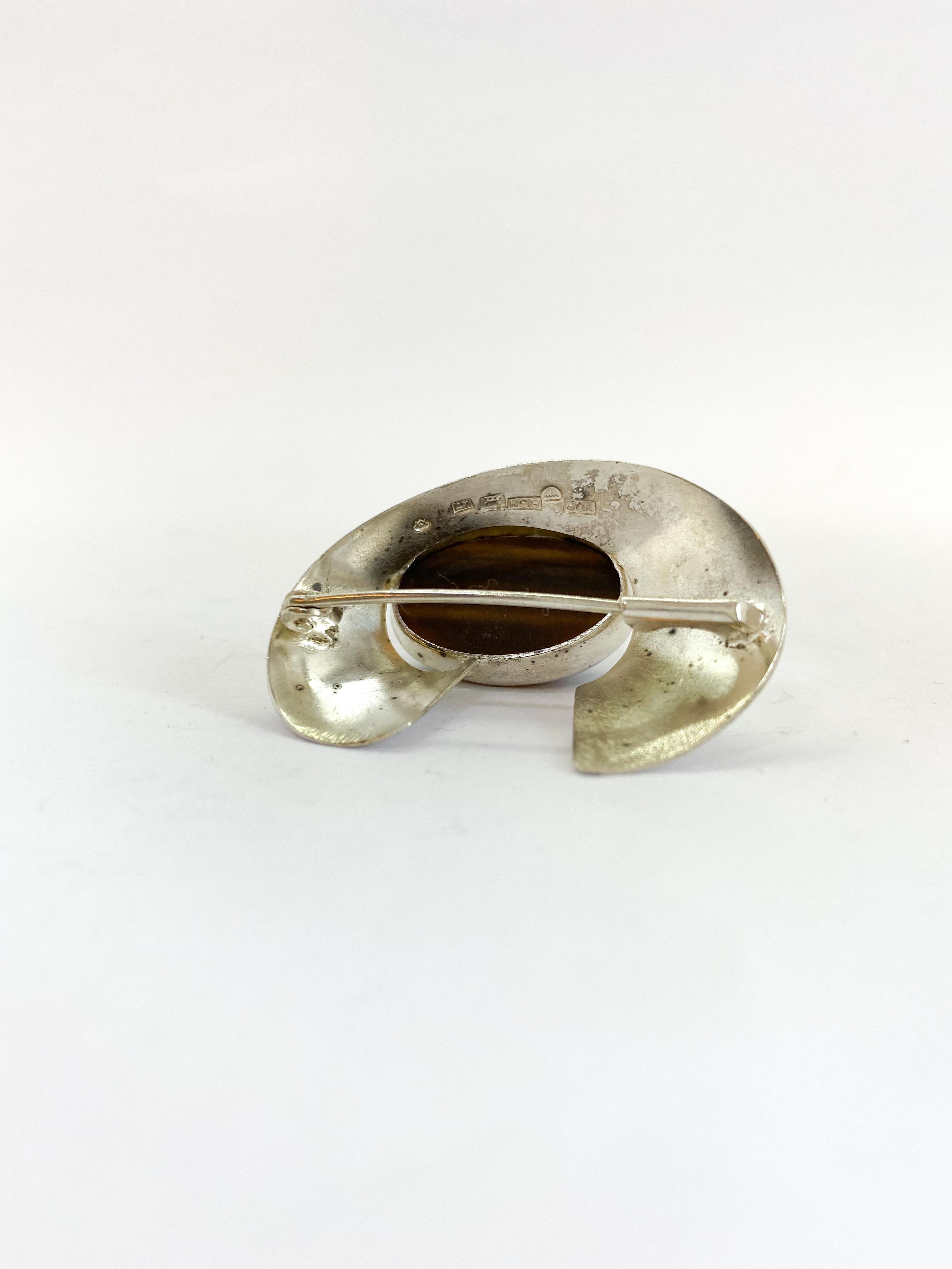 Round Cut Silver Brooch Tiger Eye Stone Made in Finland, 1963